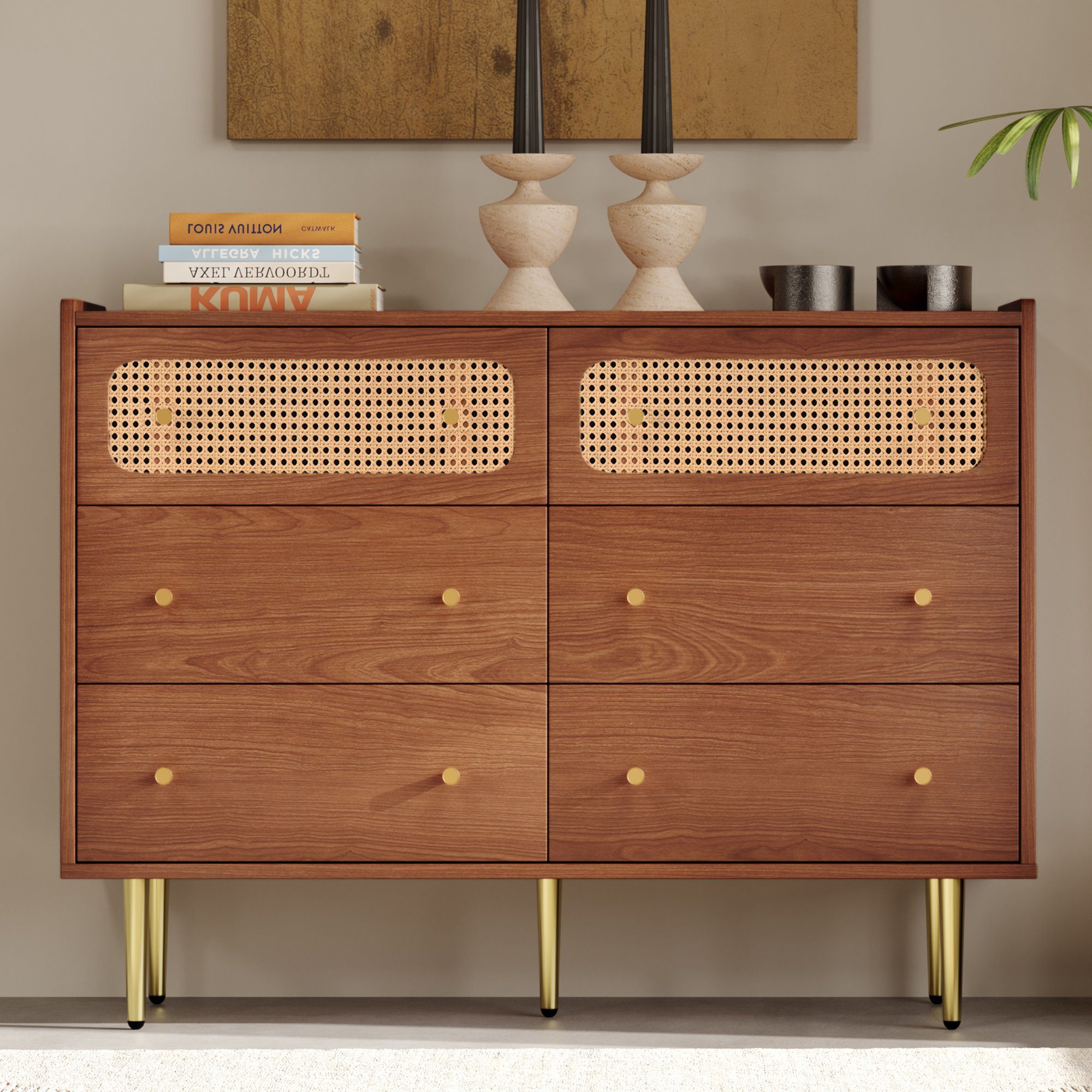 Fangqi Schubkastenkommode Rattan Kommode Highboard mit 6 Schubladen,Nussbaum -H90/B120/T40 cm, für Schlafzimmer & alle Wohnräume, Nussbaum -H90/B120/T40 cm