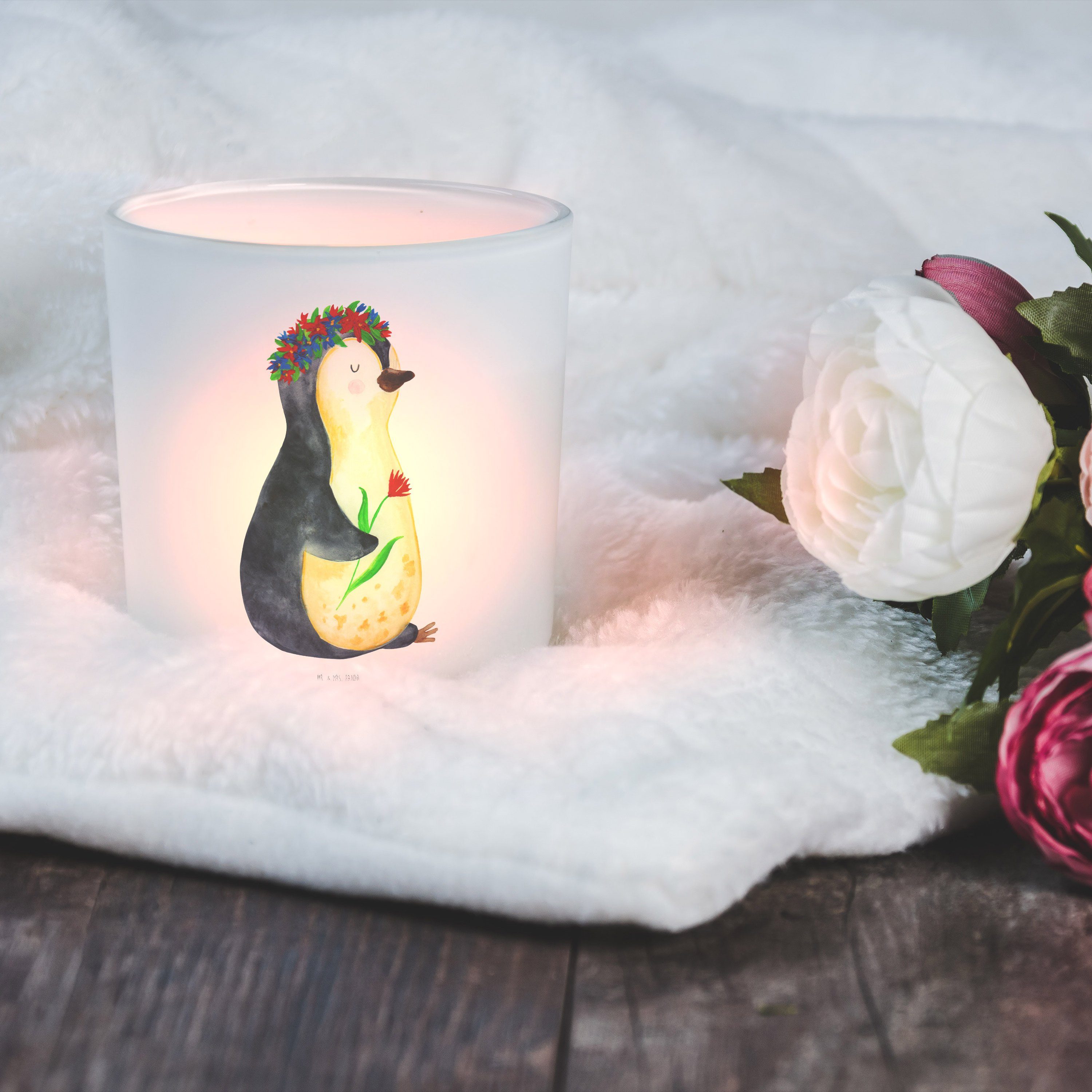 Mr. & Mrs. Panda Windlicht Pinguin Blumenkranz - Transparent - Geschenk, Blumenliebe, Leben, wun (1 St)