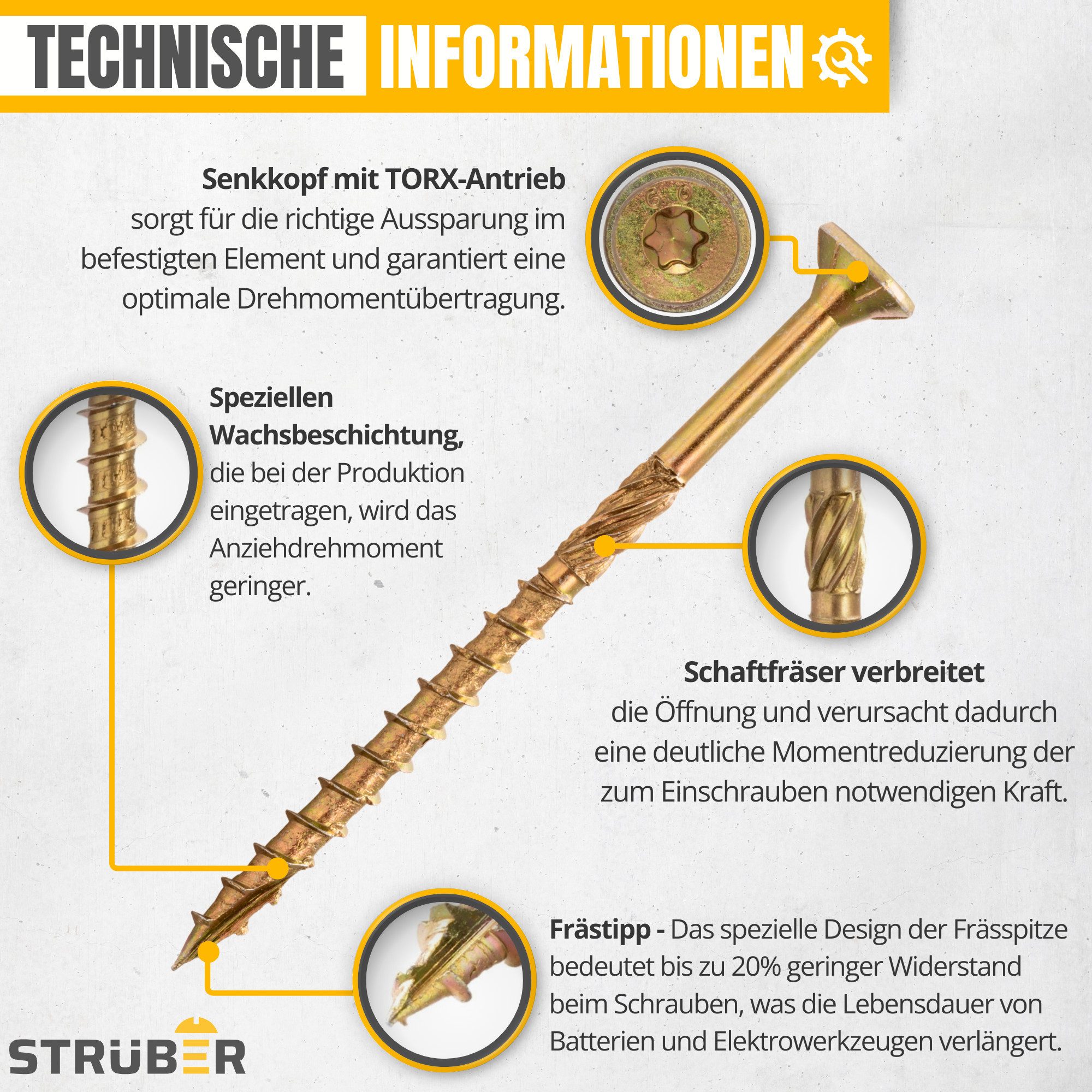 STRÜBER Holzbauschraube Spanplattenschrauben mit Senkkopf und TX-Antrieb