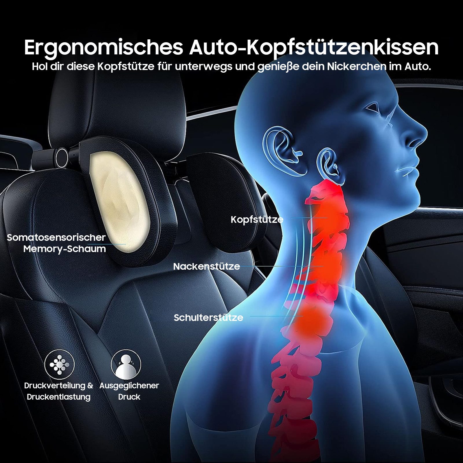 SURFOU Autokopfstütze Memory-Schaum Kopfkissen Auto, Nackenstütze für Reisen und Alltag, Abnehmbare Seitenstütze, 360° verstellbar, reduziert Nackenschmerzen – Bild 3 von 5