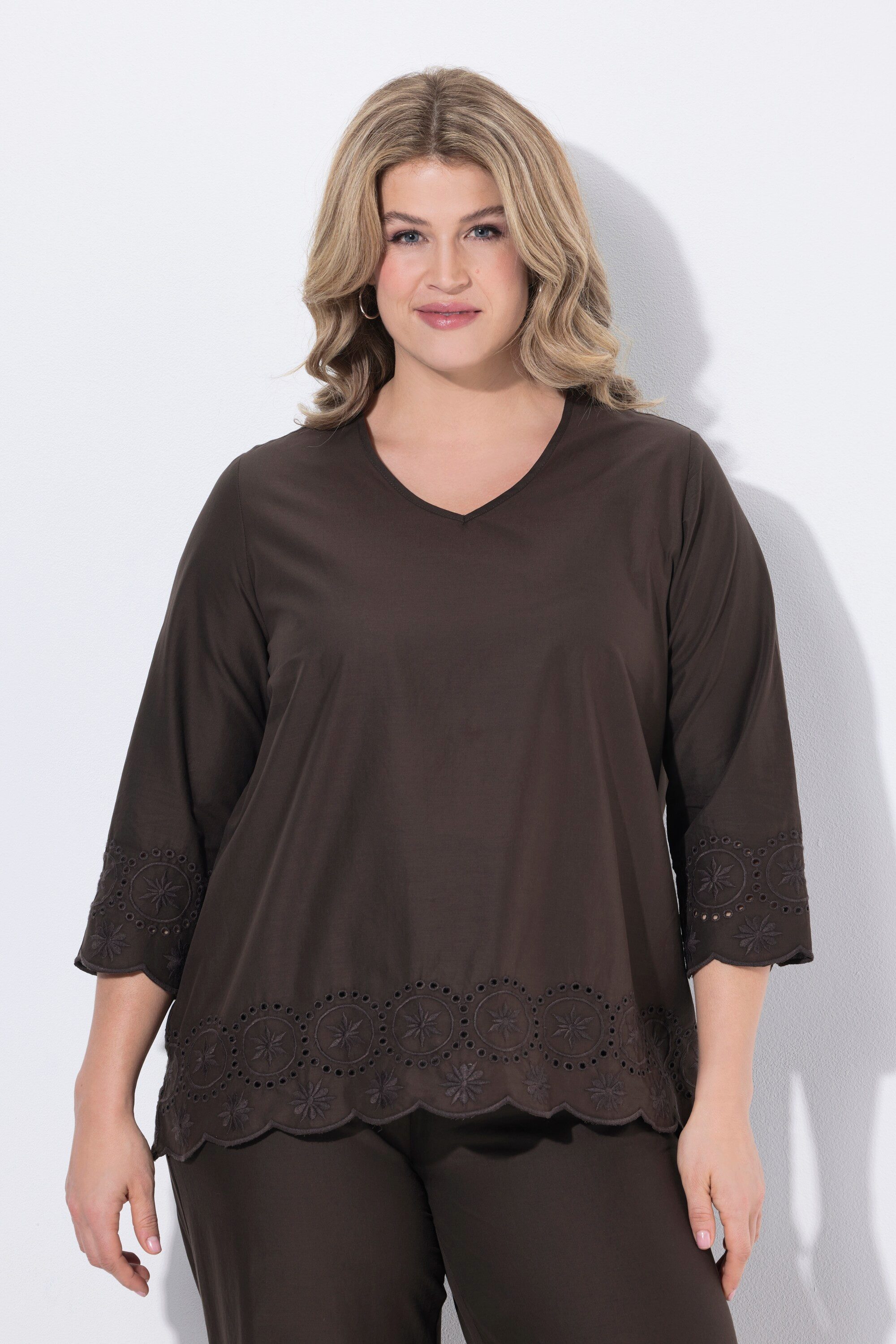Druckbluse Hemdbluse Stickerei V-Ausschnitt 3/4-Arm