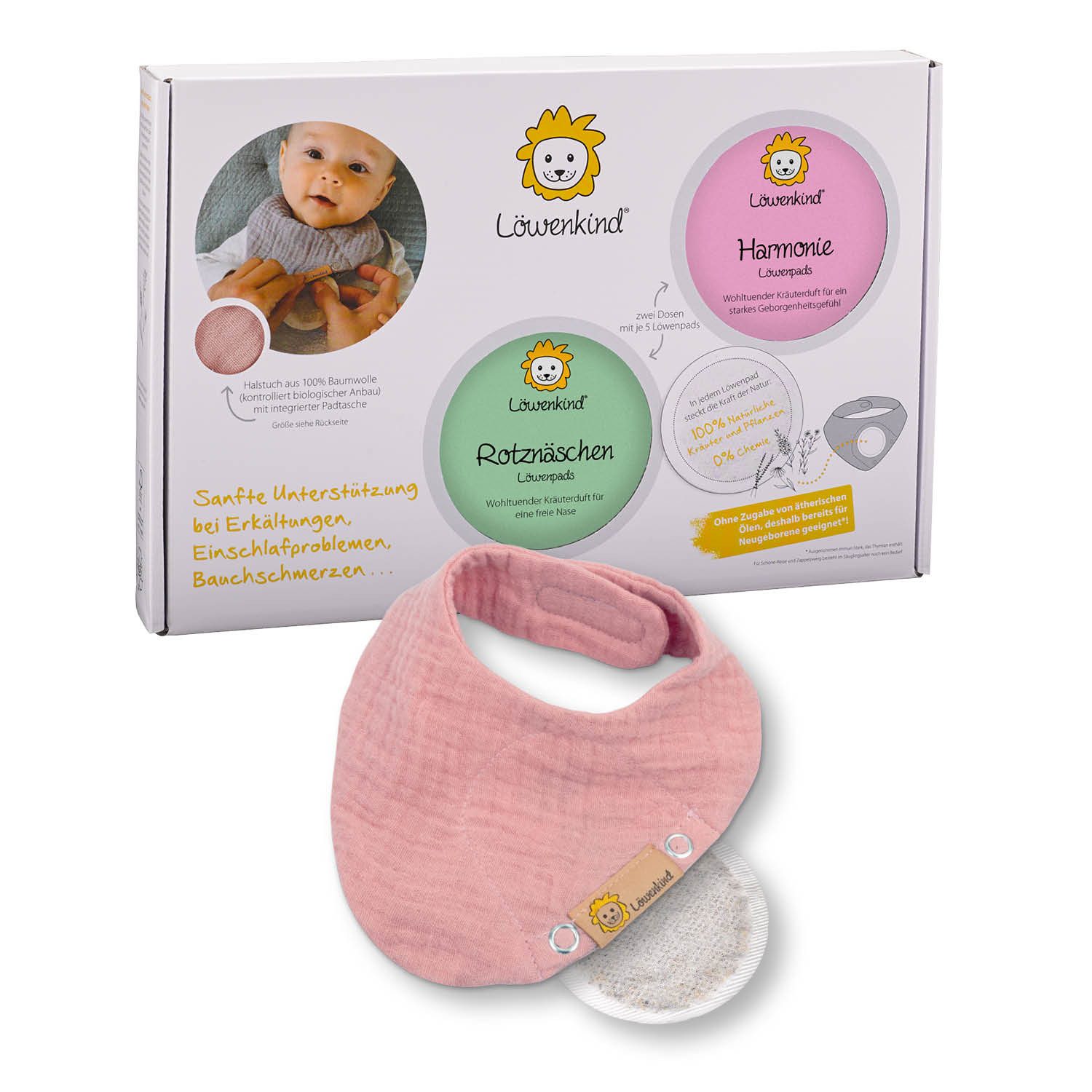 Babypflege-Set Einsteigerbox mit Halstuch, Rotznäschen- und Harmonie-Pads