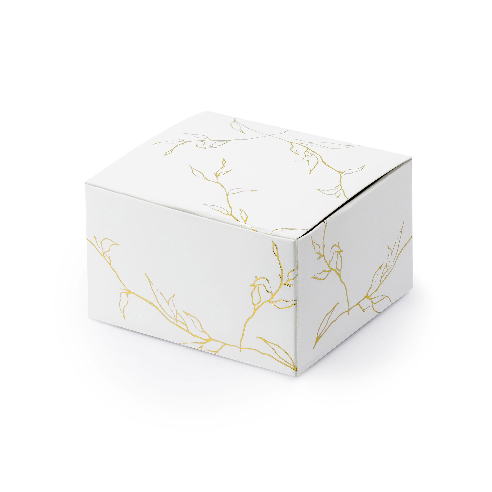 partydeco Geschenkbox, Geschenkbox mit Blattmuster für Gastgeschenke 6cm Weiß / Gold 10er Set