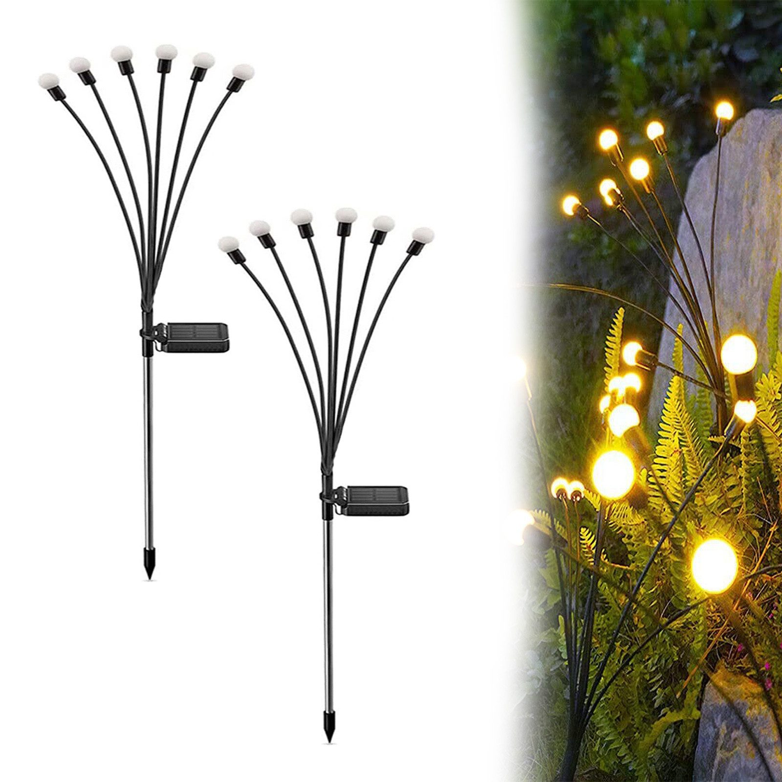 MUPOO LED Gartenleuchte LED-Lichterkette Leuchten Solarbetriebene Glühwürmchen IP65, 2 Stück, 6 LED-Leuchten, Solar Glühwürmchen Warmweißes/RGB,Garten Deko Glühwürmchen,6/8/10Köpfe