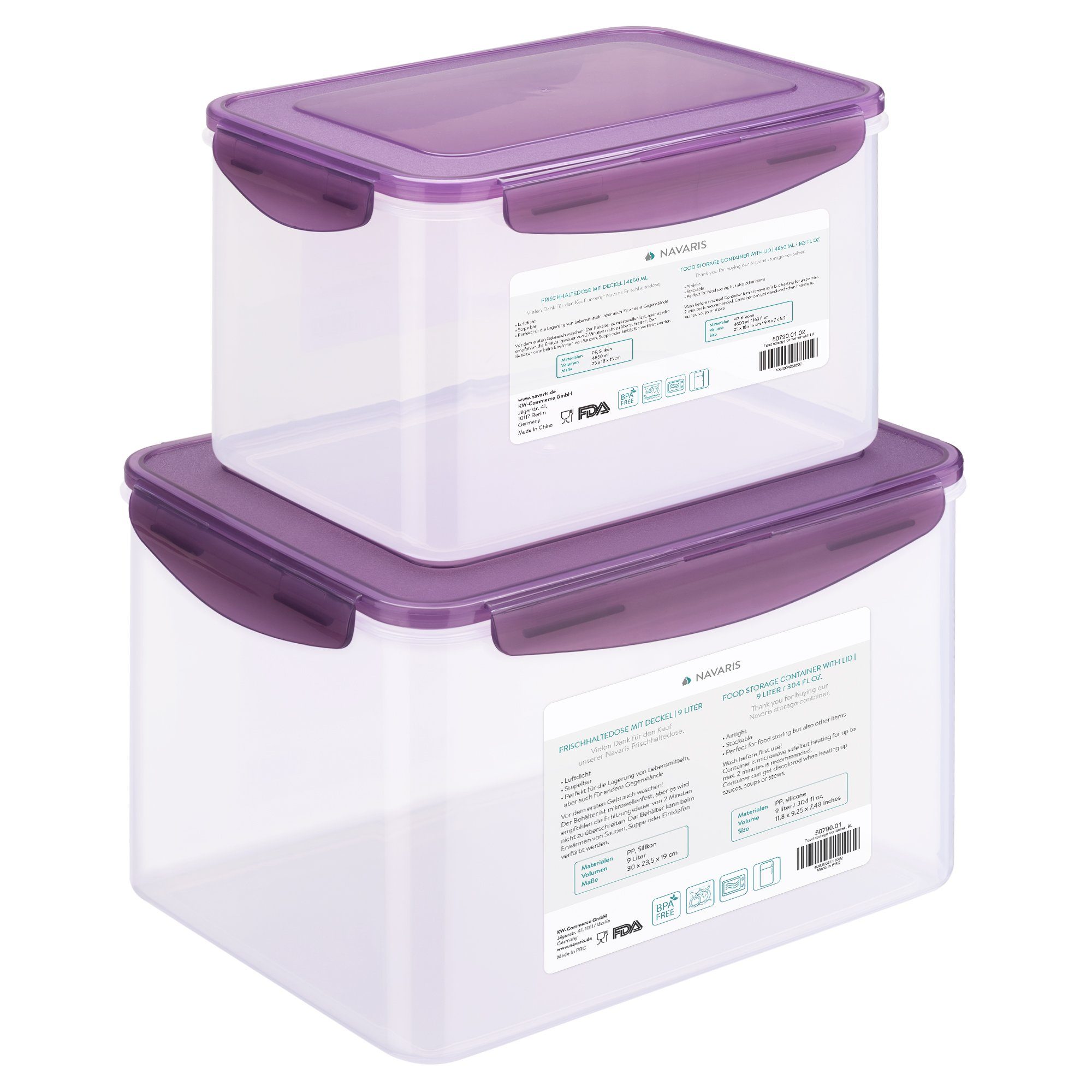 Deckel Navaris Frischhaltebox Polypropylen, aus & mit 4,8l Vorratsdose Lunchbox 9l Set: (2-tlg) - Kunststoff,