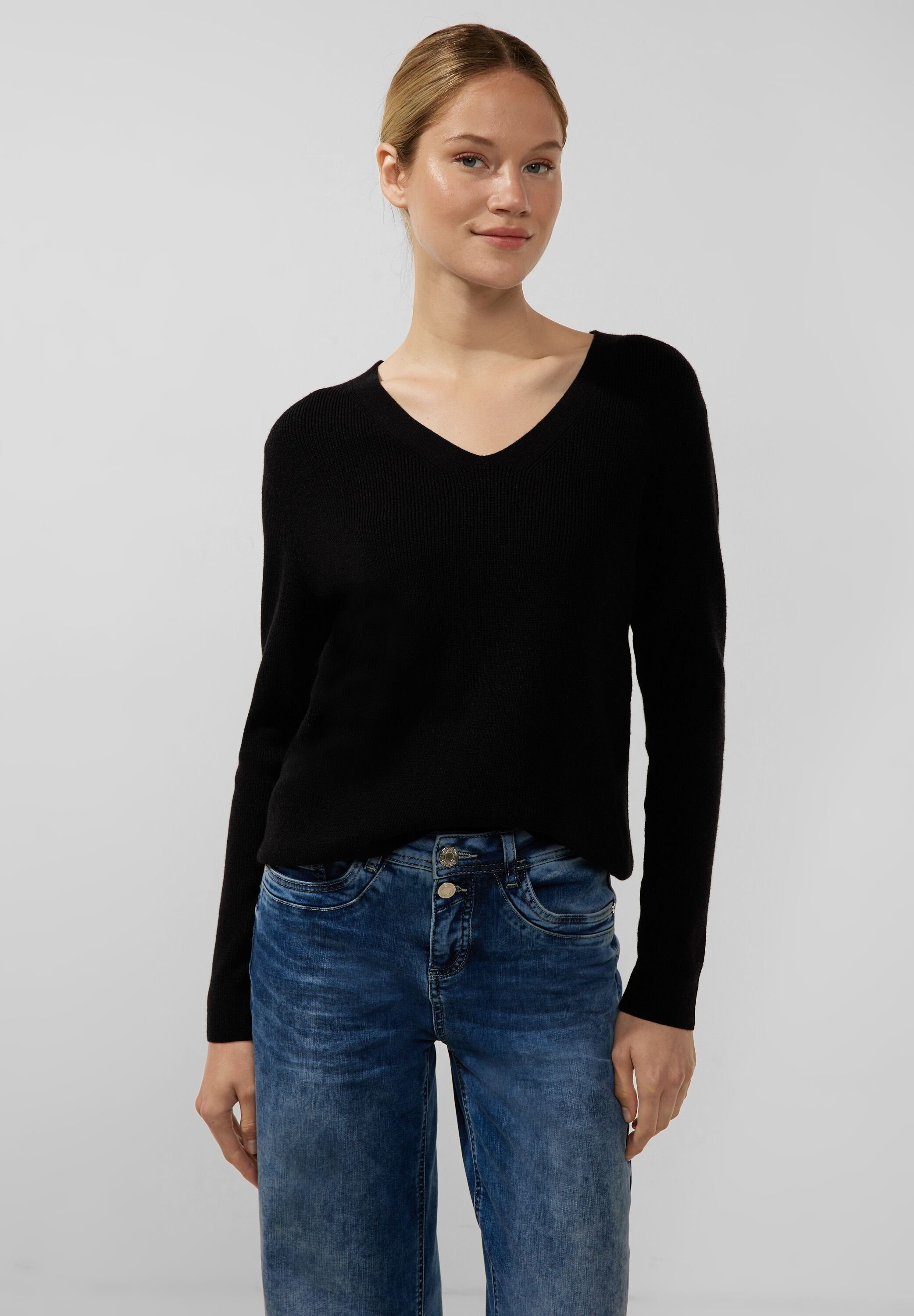 Black ONE STREET V-Ausschnitt-Pullover Unifarbe in