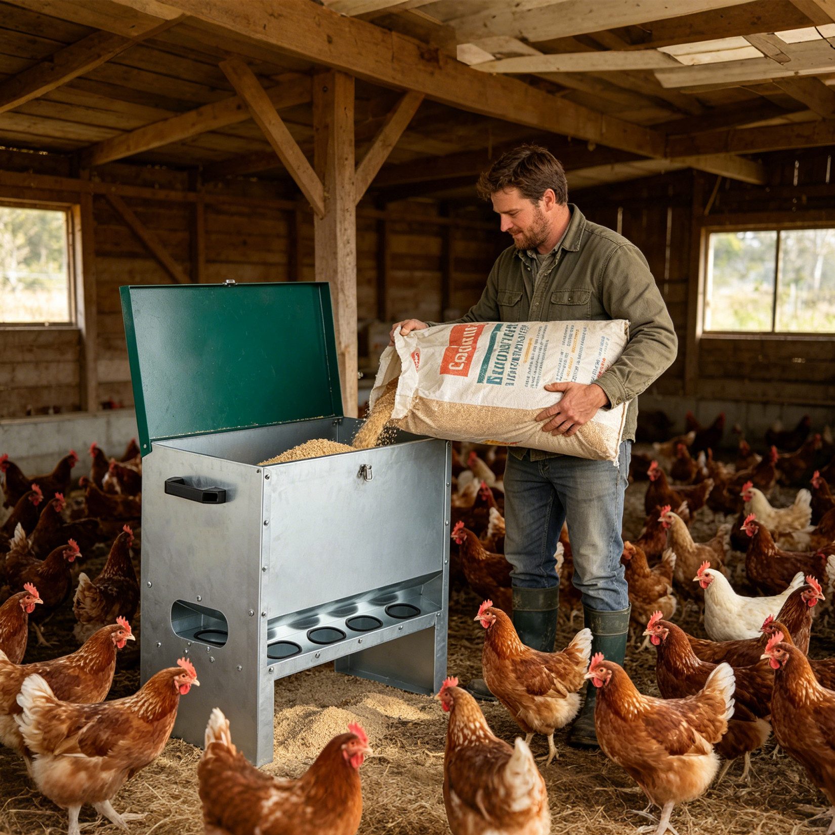 GarveeMore Futterautomat Automatischer Hühnerfutterspender, verzinkter Stahl, 0,6 mm, 6/10 Futtertröge, für Hühner, Enten, Geflügel