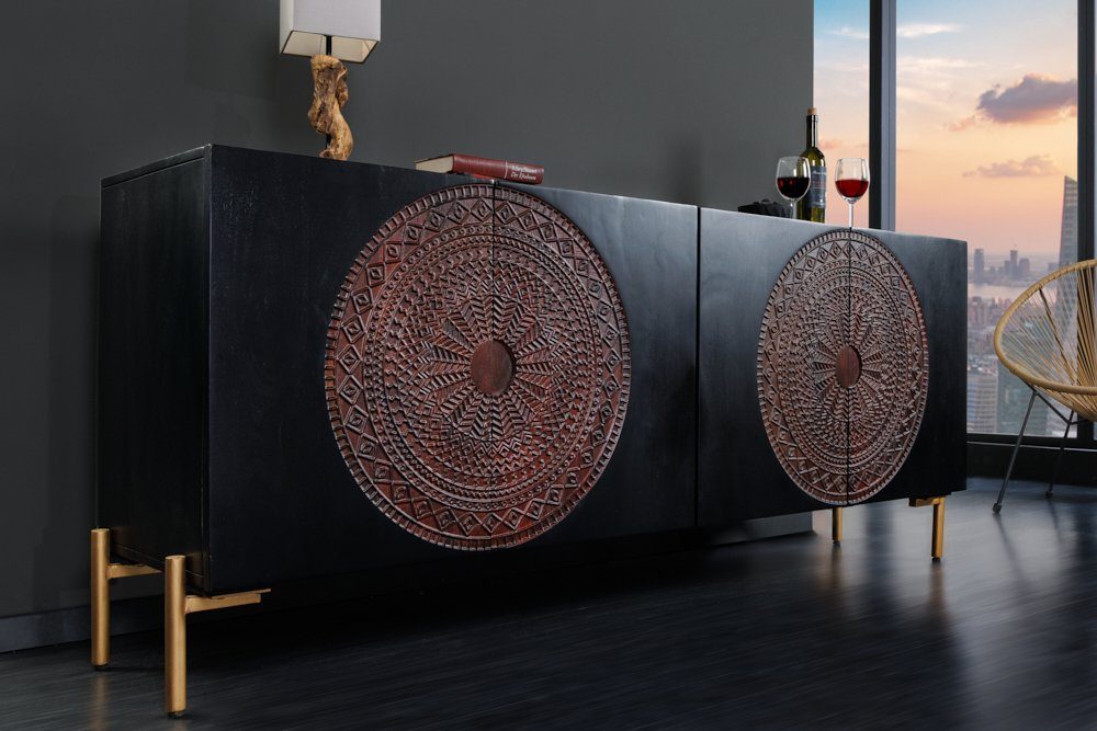 riess-ambiente Sideboard MANDALA 160cm schwarz / gold (Einzelartikel, 1 St), Massivholz · Metall · Kommode · 3D Schnitzereien · Wohnzimmer