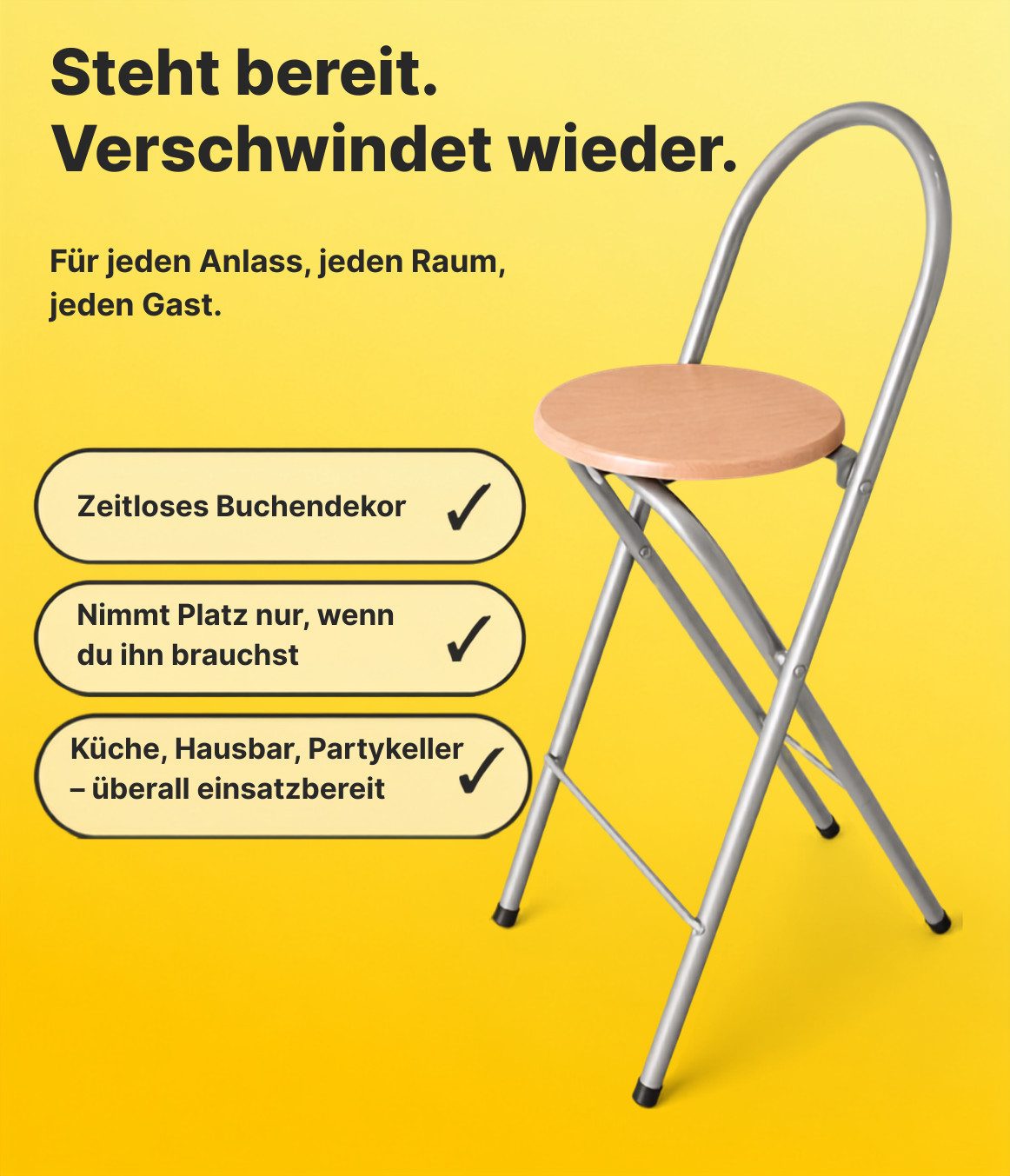 KMH Barhocker Bill klappbar mit Lehne & Fußstütze Silber Buchendekor 73 cm Küche Bar (Vormontiert geliefert–einfach auspacken, aufstellen & sofort loslegen, Platzsparend zusammenlegbar–ideal für kleine Räume, Events und Gäste), Stabiles Stahl-Rundrohrgestell für sicheren Stand & lange Haltbarkeit