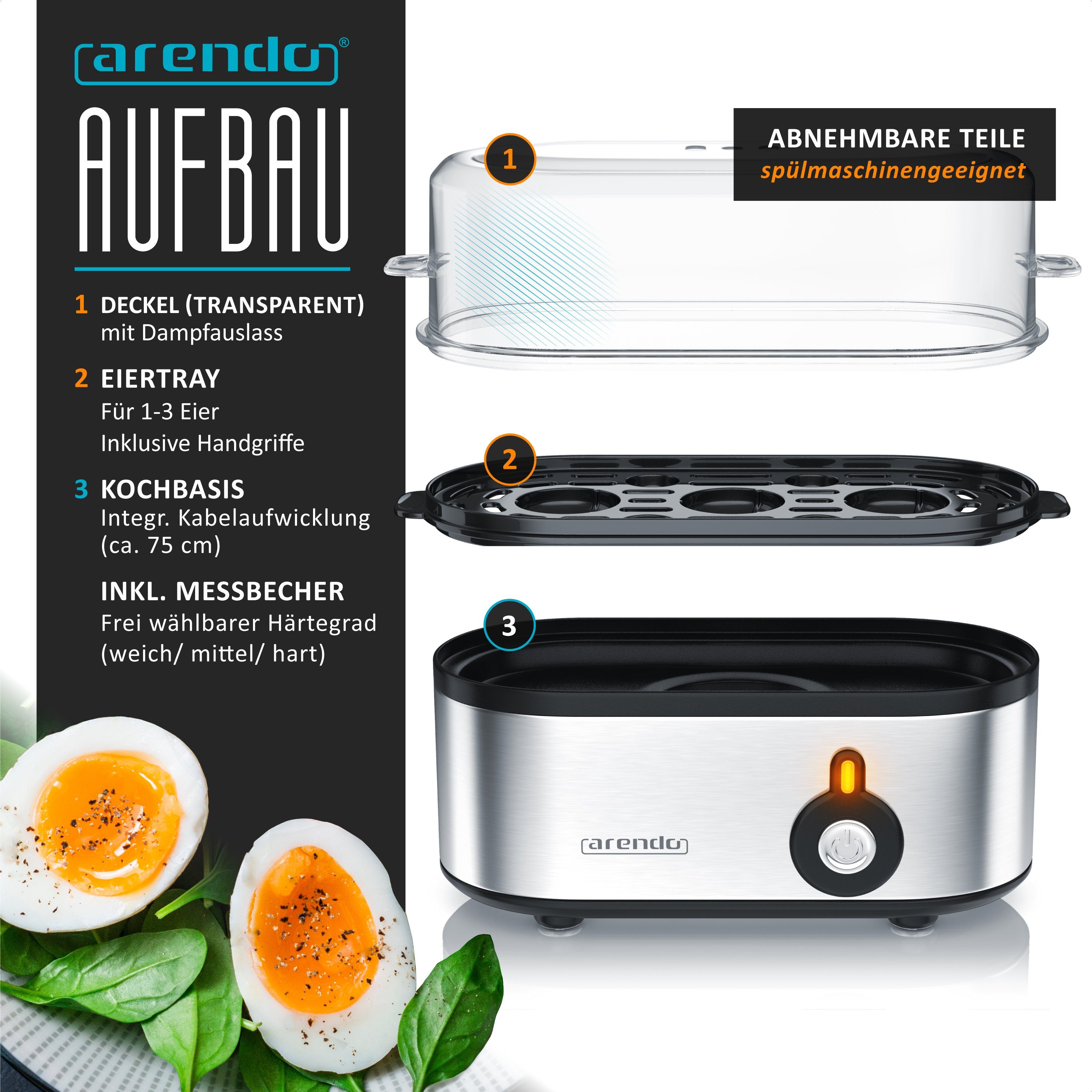 Arendo Eierkocher 3-fach, Edelstahl, frei wählbarer Härtegrad, Ein / Aus-Schalter, Anzahl Eier: 3 St., 210 W, Threecook Egg Cooker, GS, BPA-frei, für 1 bis 3 Eier