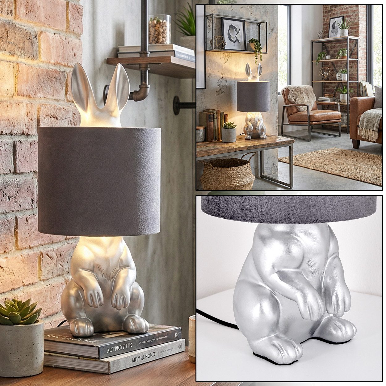 hofstein Tischleuchte Tischlampe Hase aus Kunststoff/Metall/Samt in Silberfarben/Schwarz, Tischleuchte im Retro-Design mit Schalter am Kabel, Höhe 41 cm, E27