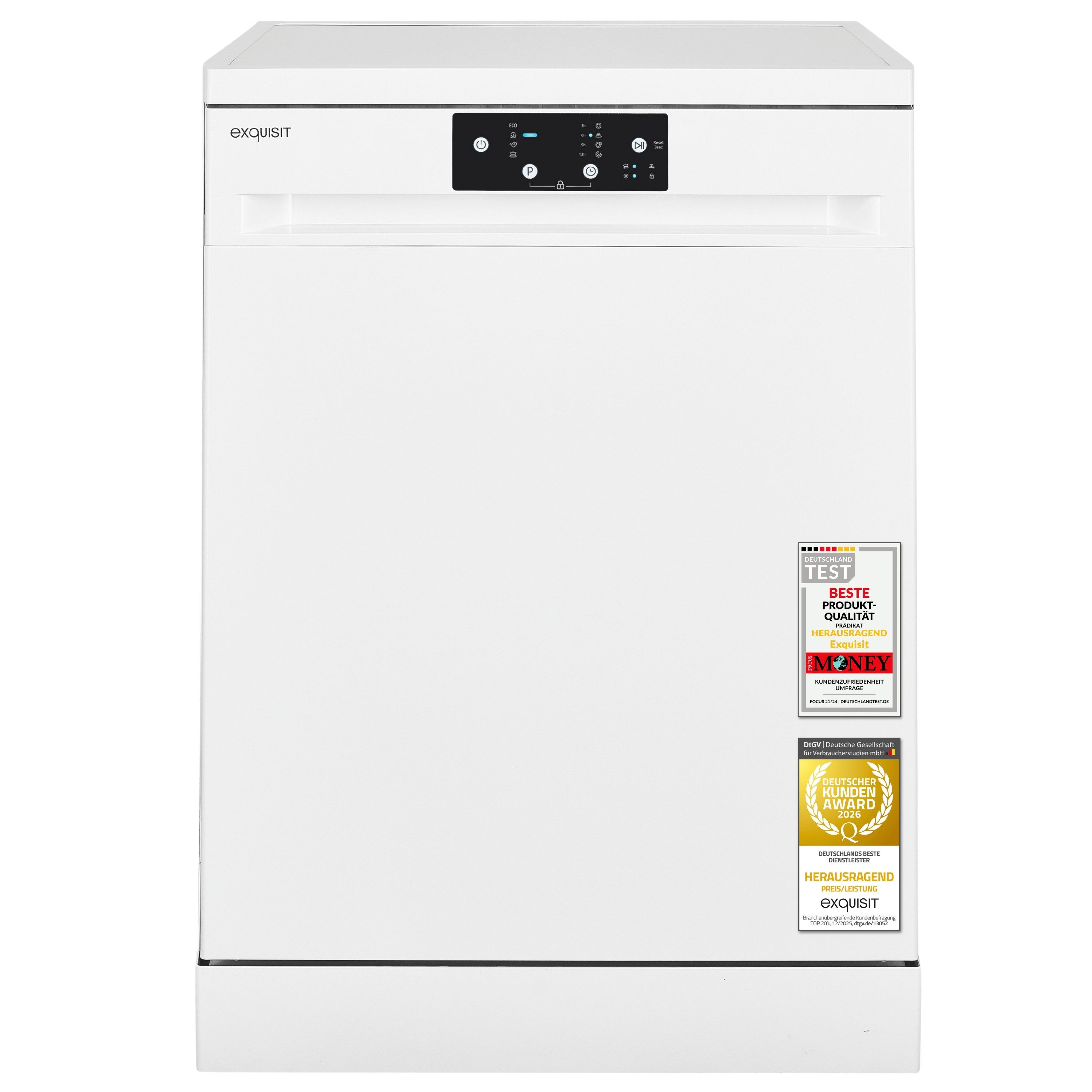 exquisit Standgeschirrspüler GSP9114-450D, 14 Maßgedecke, Edelstahl Innenbehälter, Energieklasse D, 49 dB Geräuschklasse C