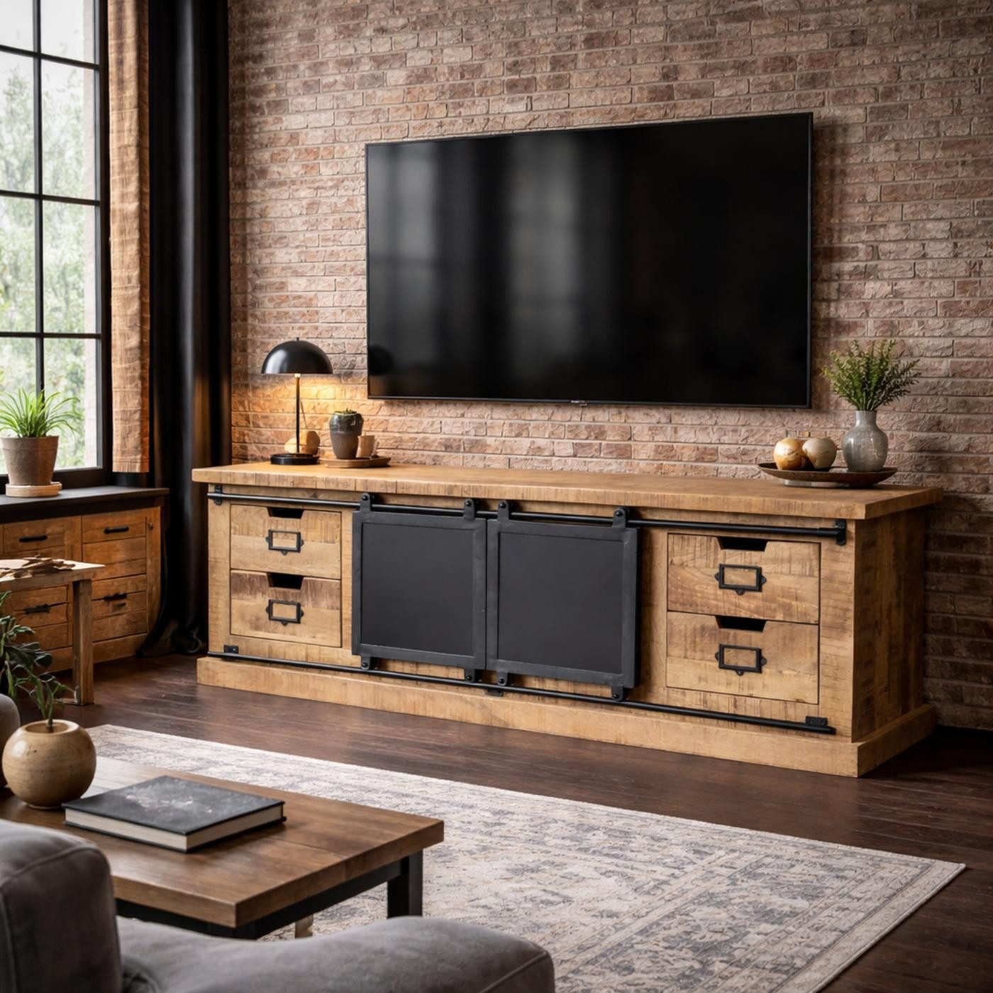 baario TV-Board TV-Board SELCE Industrial Style, 150cm massiv Mangoholz Schiebetüren Design