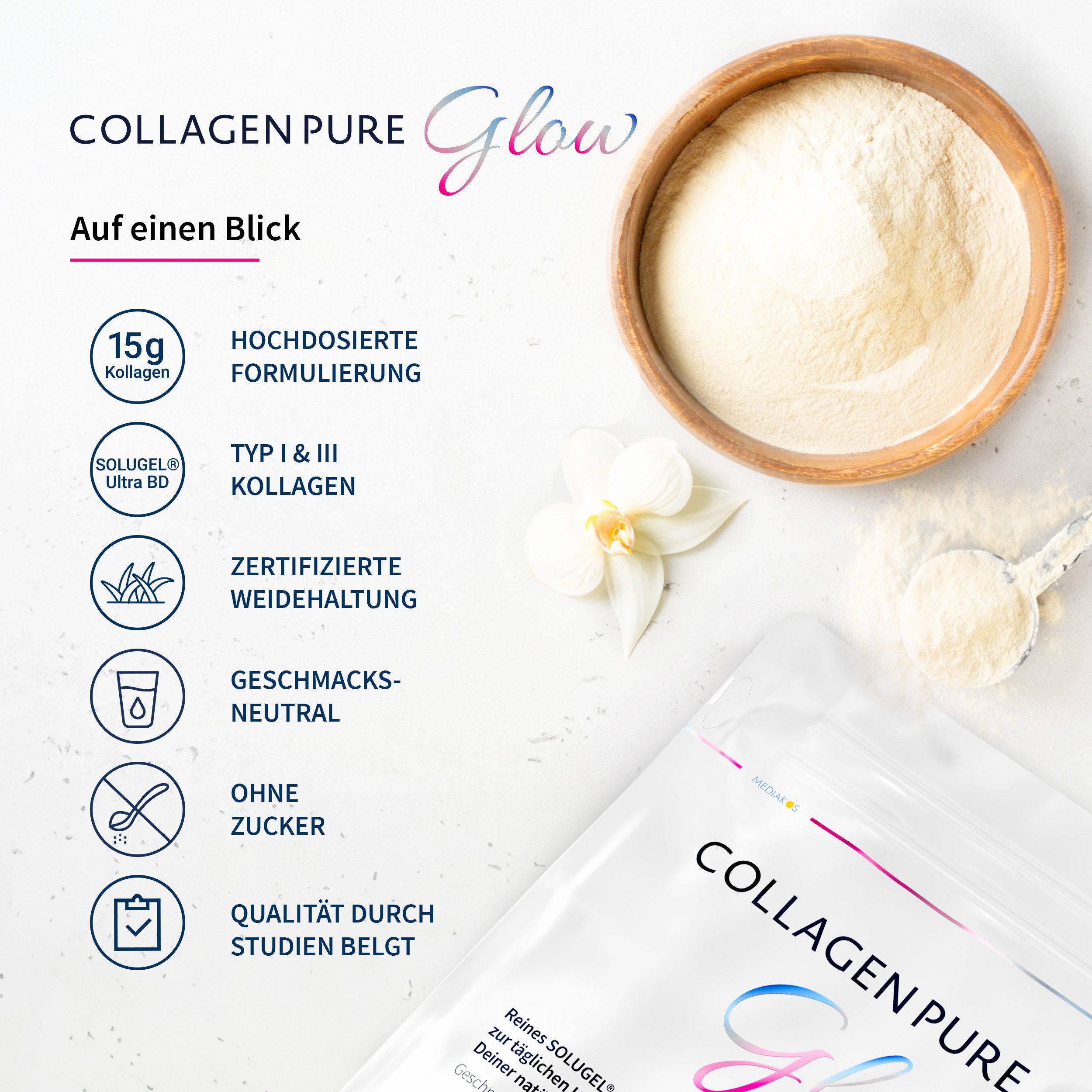 COLLAGEN PURE COLLAGEN PURE Glow Kollagen Pulver, Geschmacks- und geruchsneutral – aus zertifizierter Rinder-Weidehaltung à 500 g