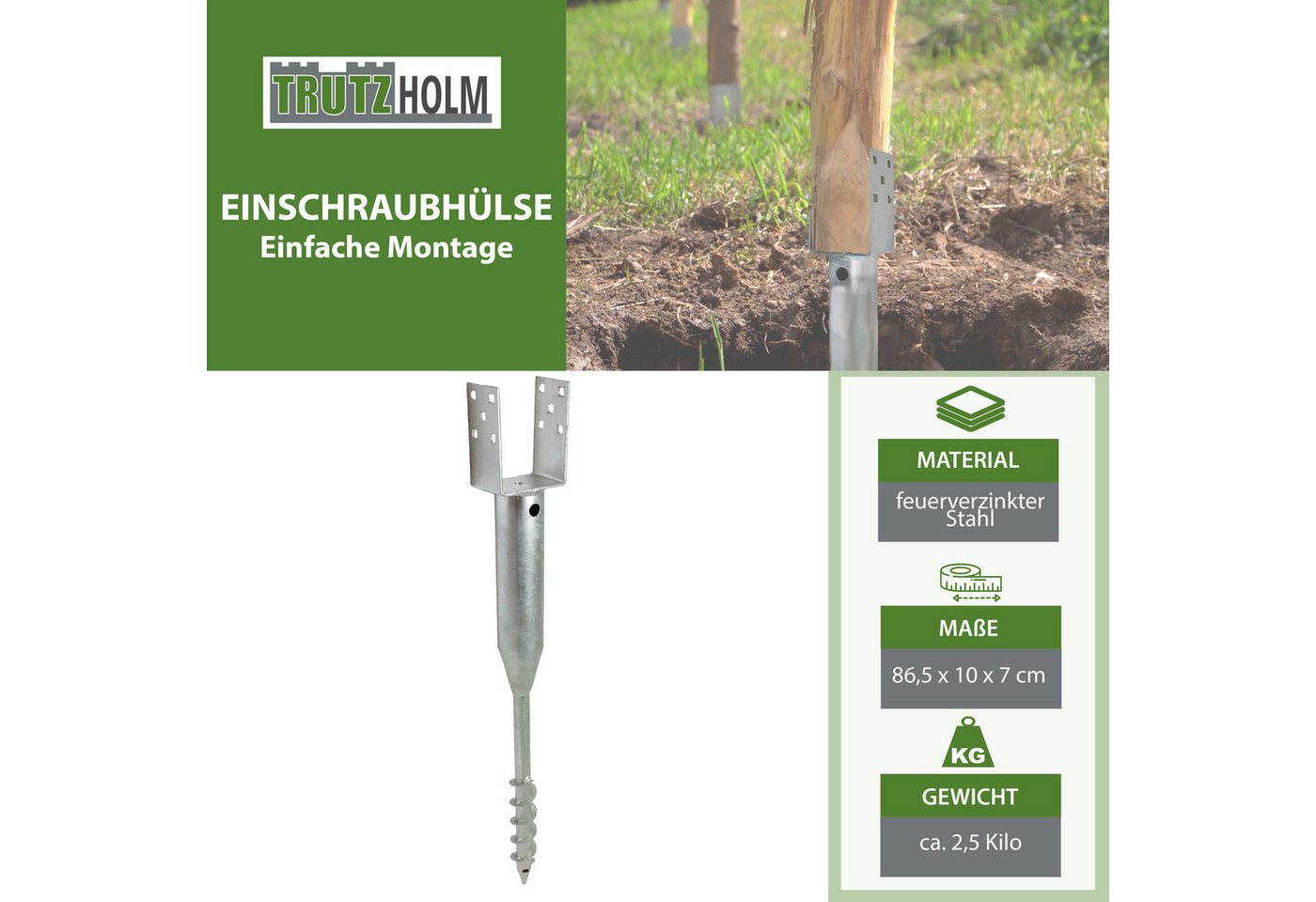 Thumbnail - TRUTZHOLM Einschraub-Bodenhülse U-Profil Bodenhülse 86,5cm Länge feuerverzinkt Vierkanthölzer 100 mm, für Abmessungen Sp...