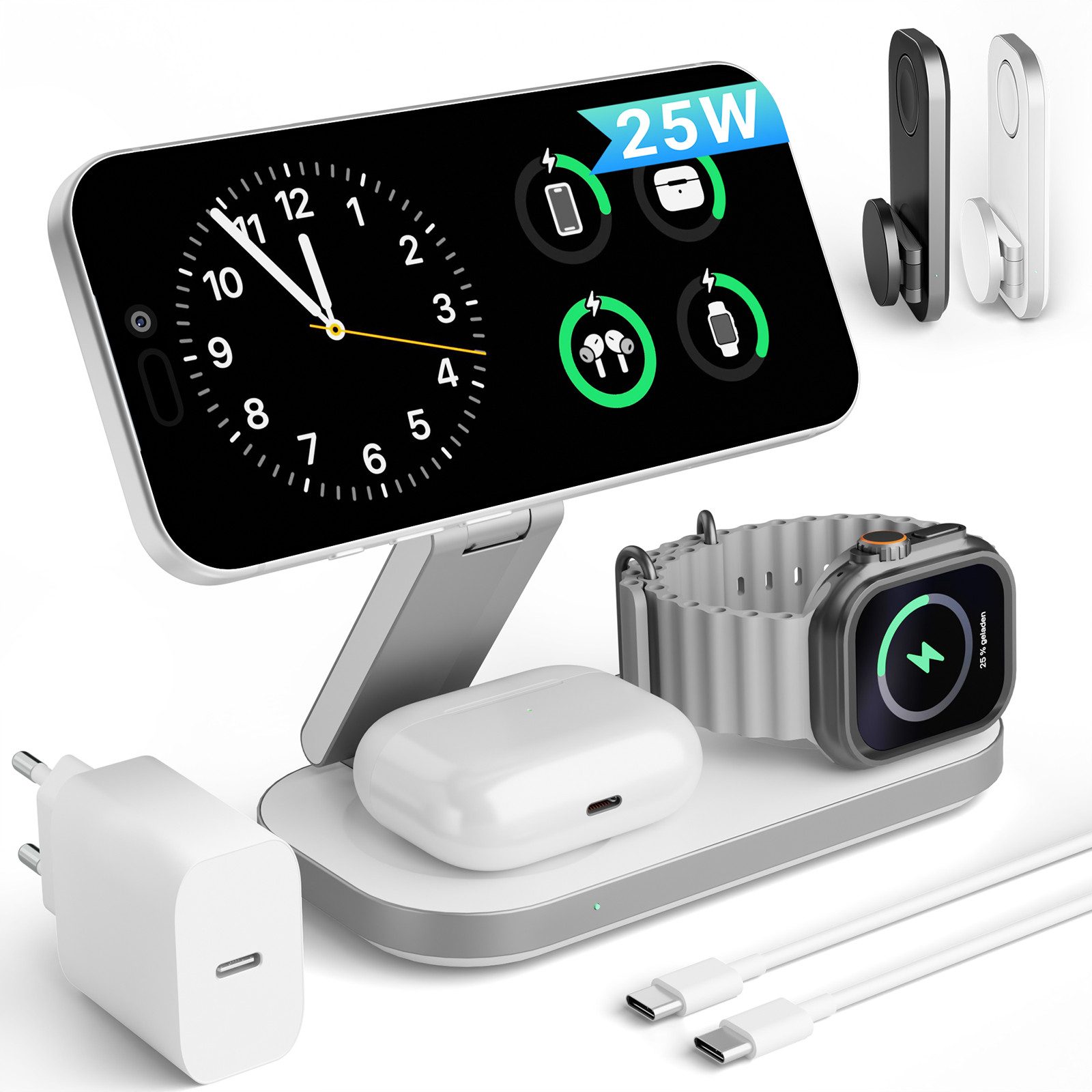 GreenHec Ladestation 25w Apple Watch iPhone 18 17 3in1 MagSafe Wireless Charger Wireless Charger (3000 mA, Spar-Set, 3in1 PowerBase + USB-C Kabel + 35w Ladegerät, Pro Max Air Plus Charging Station Kabelloses Induktionsladegerät Fast)