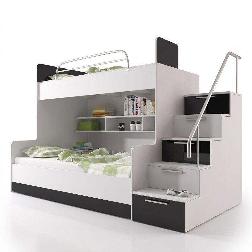 Xlmoebel Etagenbett Modernes Hochbett mit Treppe und Stauraum Schwarz Weiß Sofort (Etagenbett, 1-St., Hochbett mit Treppe und Stauraum), Hergestellt in Europa