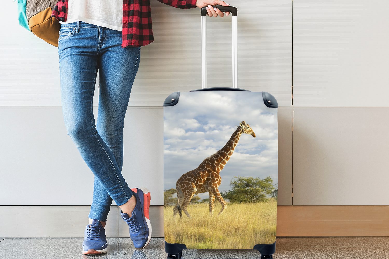 - Ferien, rollen, für Handgepäckkoffer Safari - mit Trolley, MuchoWow 4 Giraffe Reisetasche Gras, Handgepäck Rollen, Reisekoffer