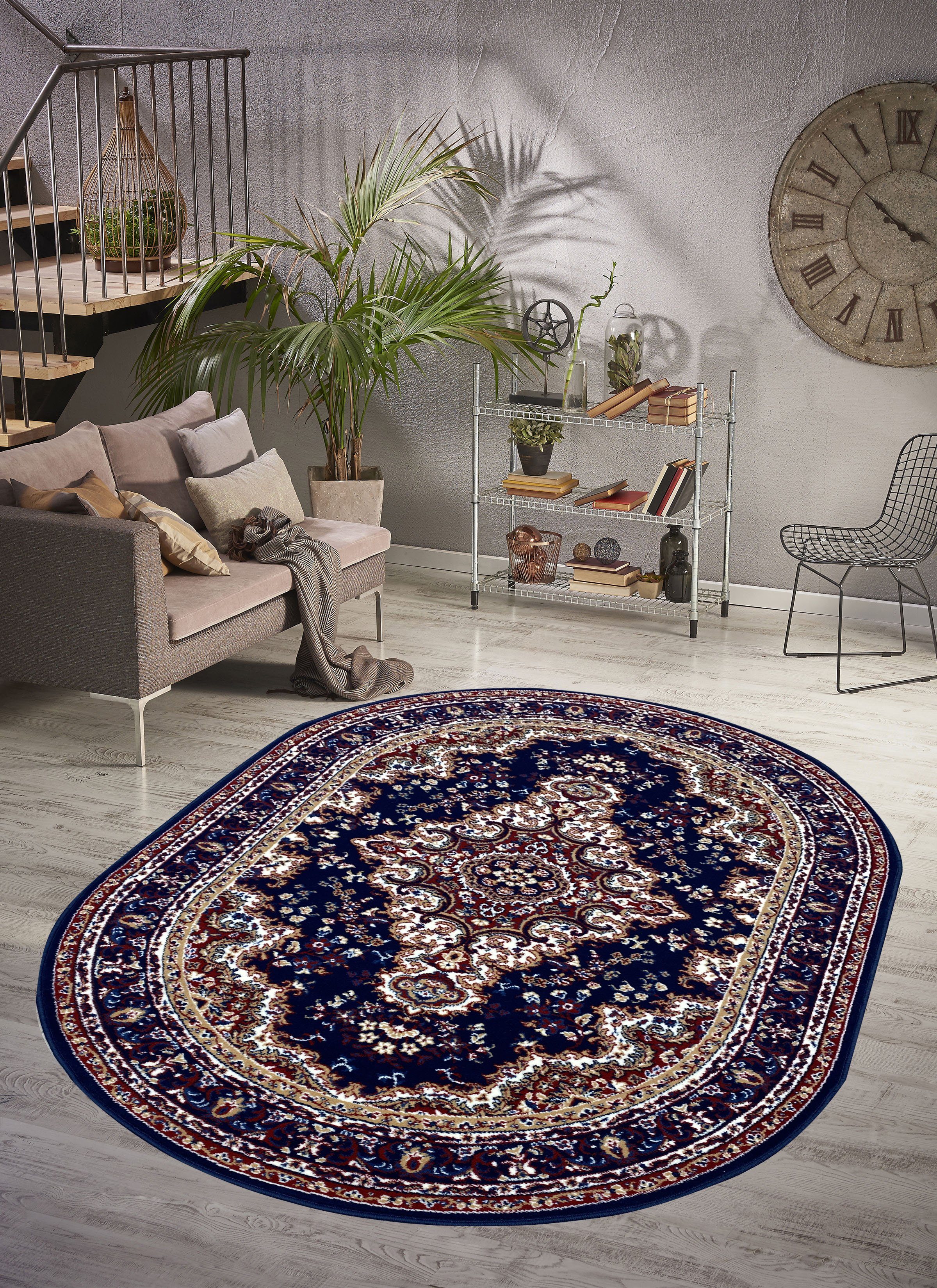 Teppich Oriental, Home affaire, blau Kurzflor, mm, pflegeleicht, mit oval, Bordüre, Orient-Optik, 7 elegant Höhe