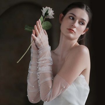 FIDDY Abendhandschuhe Abendhandschuhe Fingerlose Damenhandschuhe (Anzug, Perlen-Hochzeitsknoten-Hochzeitsschmuck) Weiße, lange, armbedeckende Brauthandschuhe
