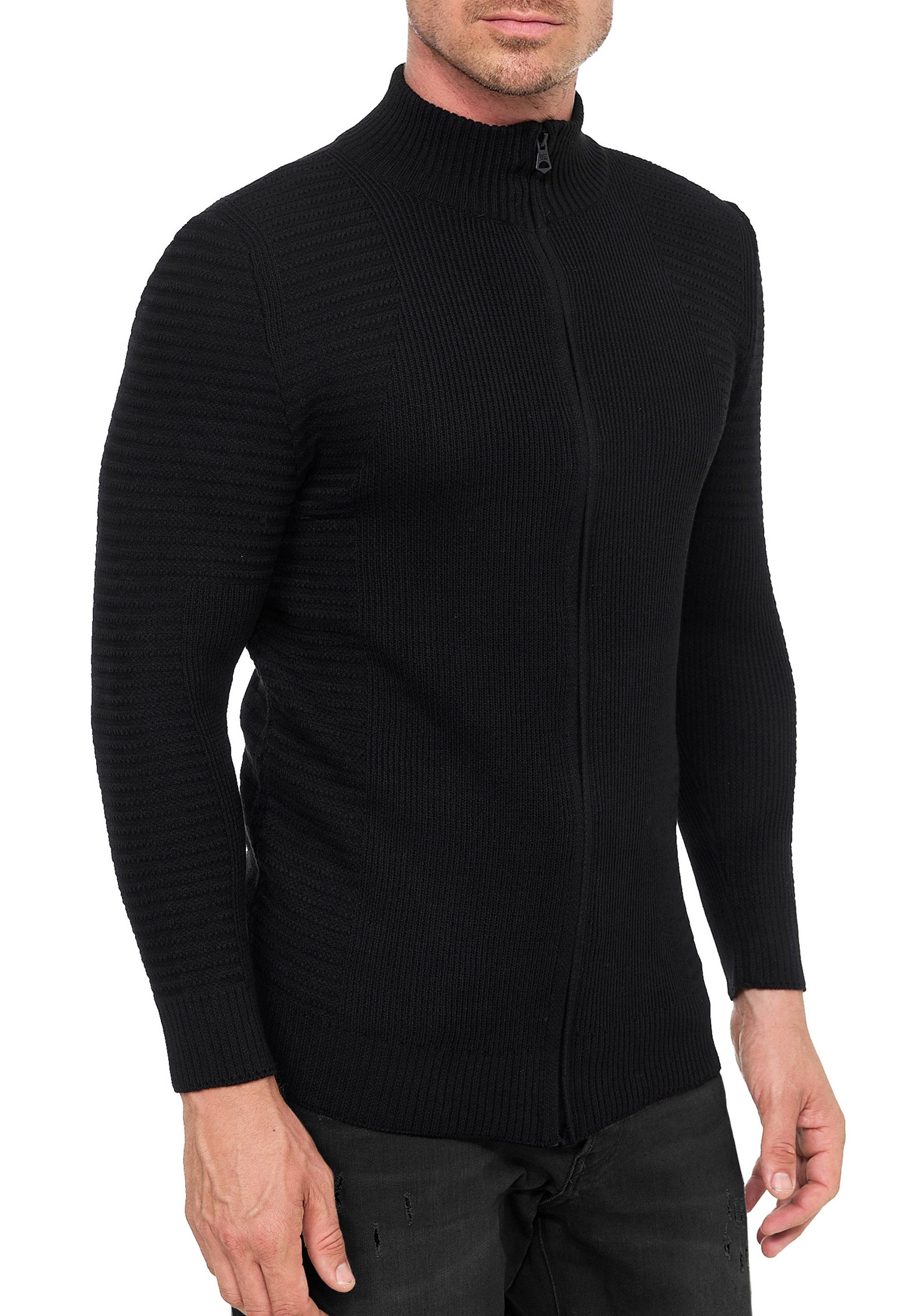 R-NEAL Stehkragenpullover Strickjacke Streetwear Slim Fit Feinstrick Biker Strick Jacke Zipper