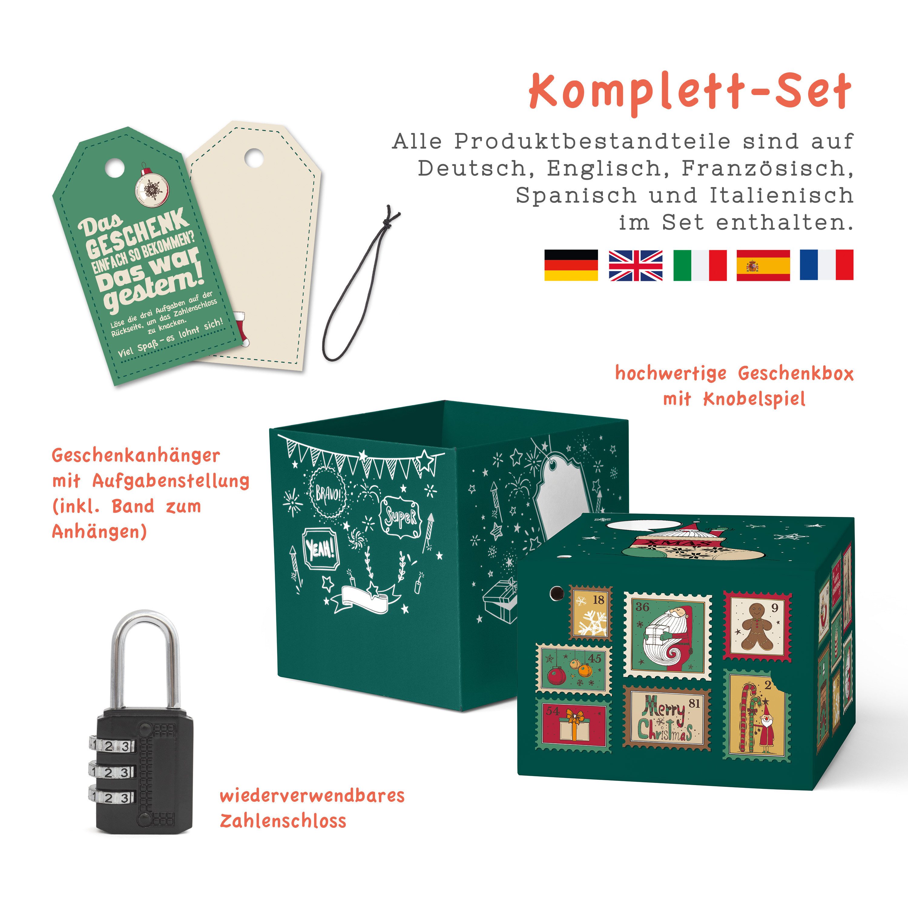 SURPRISA Geschenkbox Geschenkbox Weihnachten, Rätselbox Geldgeschenke oder Gutscheine, Briefmarken, 12,5 x 12,5 x 12,5 cm, Grün