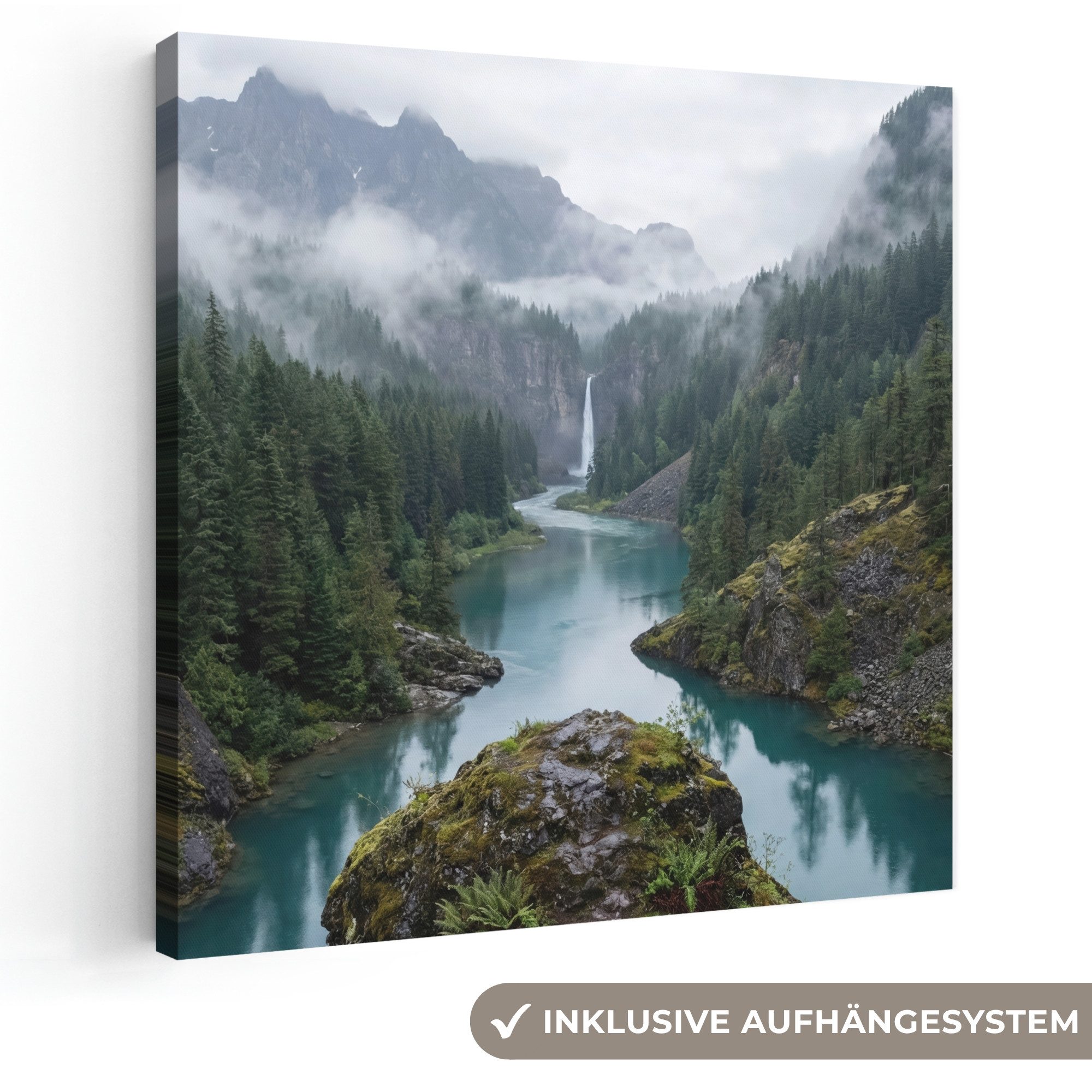 OneMillionCanvasses® Leinwandbild Wasserfall - Bäume - Berge, Fotodruck (1 St), Wandbild, Deko Schlafzimmer Wohnzimmer Flur 20x20 cm