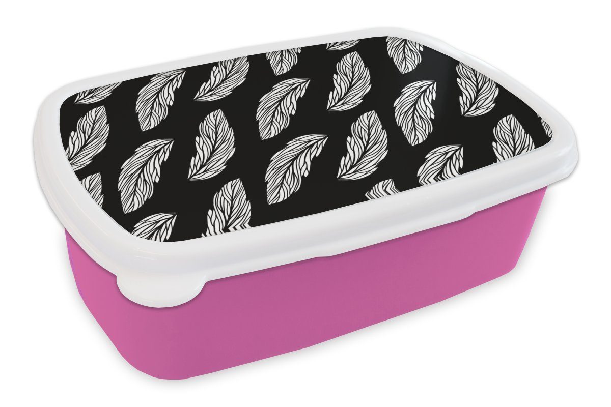 MuchoWow Lunchbox Muster - Federn - Schwarz und Weiß, Kunststoff, (2-tlg), Brotbox für Erwachsene, Brotdose Kinder, Snackbox, Mädchen, Kunststoff rosa