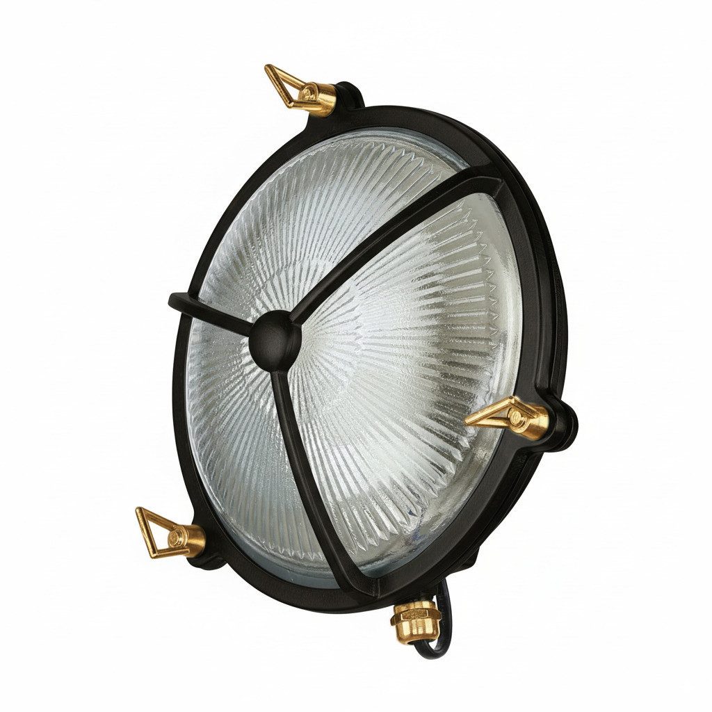 Licht-Erlebnisse Außen-Wandleuchte KARPAHTOS, ohne Leuchtmittel, Echt-Messing Glas E27 IP64 rund D: 21 cm Schwarz Maritim Downlight