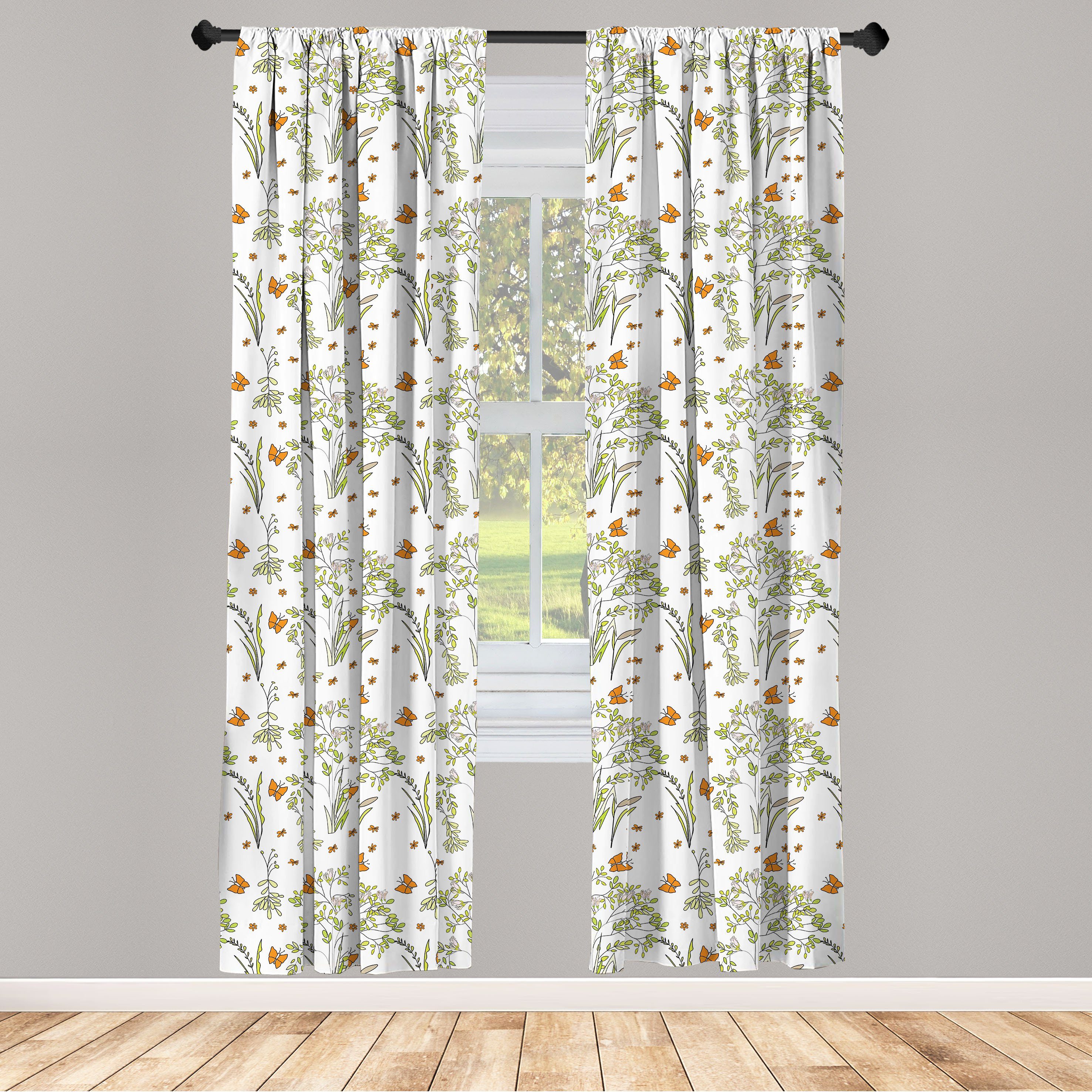 Gardine Vorhang für Wohnzimmer Schlafzimmer Dekor, Abakuhaus, Microfaser, Frühling Schmetterlinge und Pflanzen Kunst