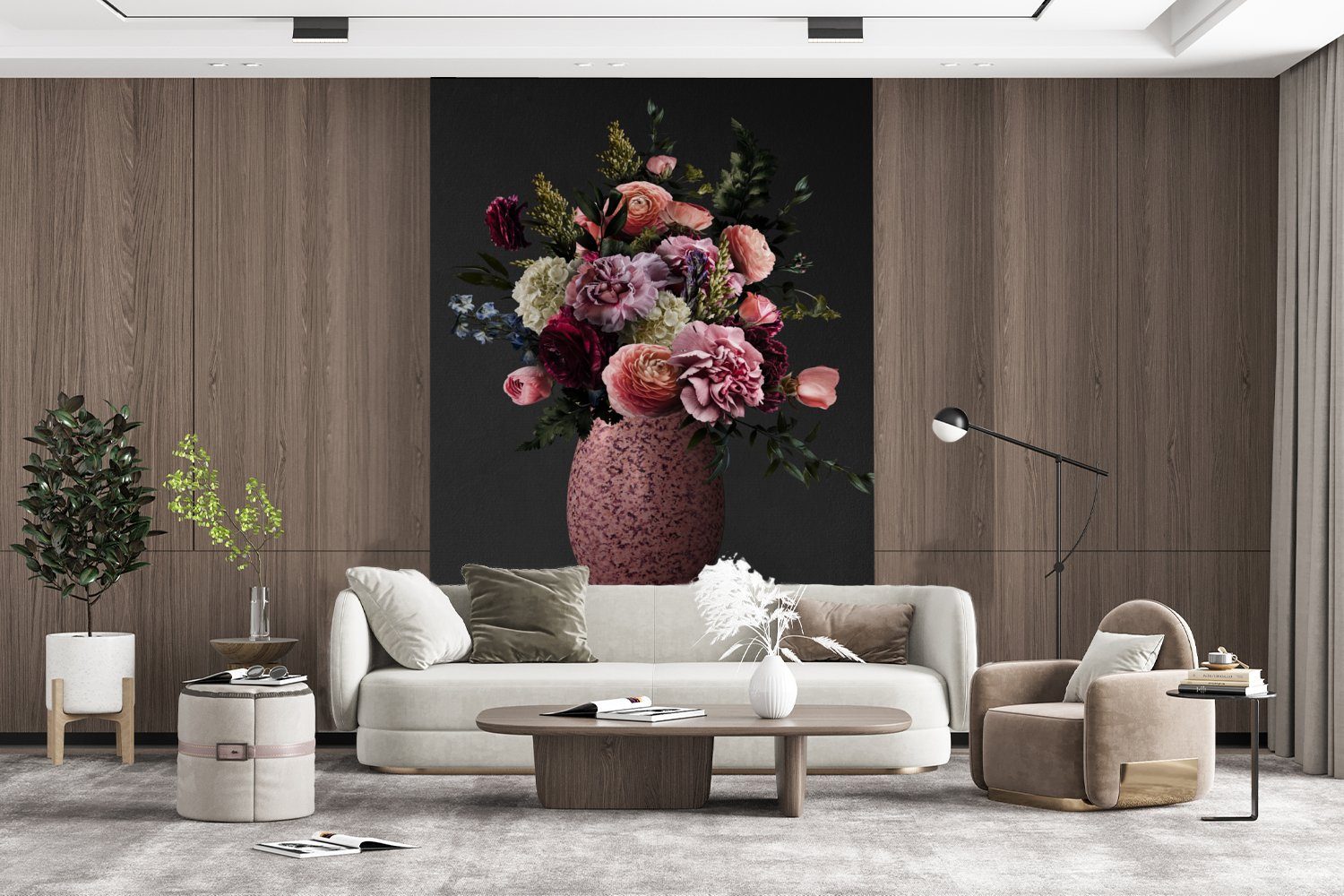 bedruckt, (3 Wohnzimmer, St), Vase, - Montagefertig Tapete Matt, - MuchoWow Vinyl Fototapete Farben Blumen Wandtapete für