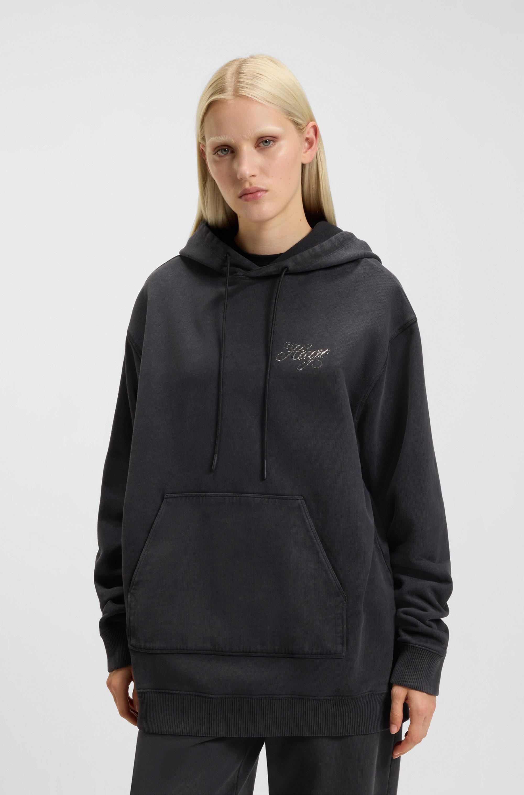 HUGO Blue Hoodie Dejandra Oversized Fit, Strassapplikation auf dem Rücken