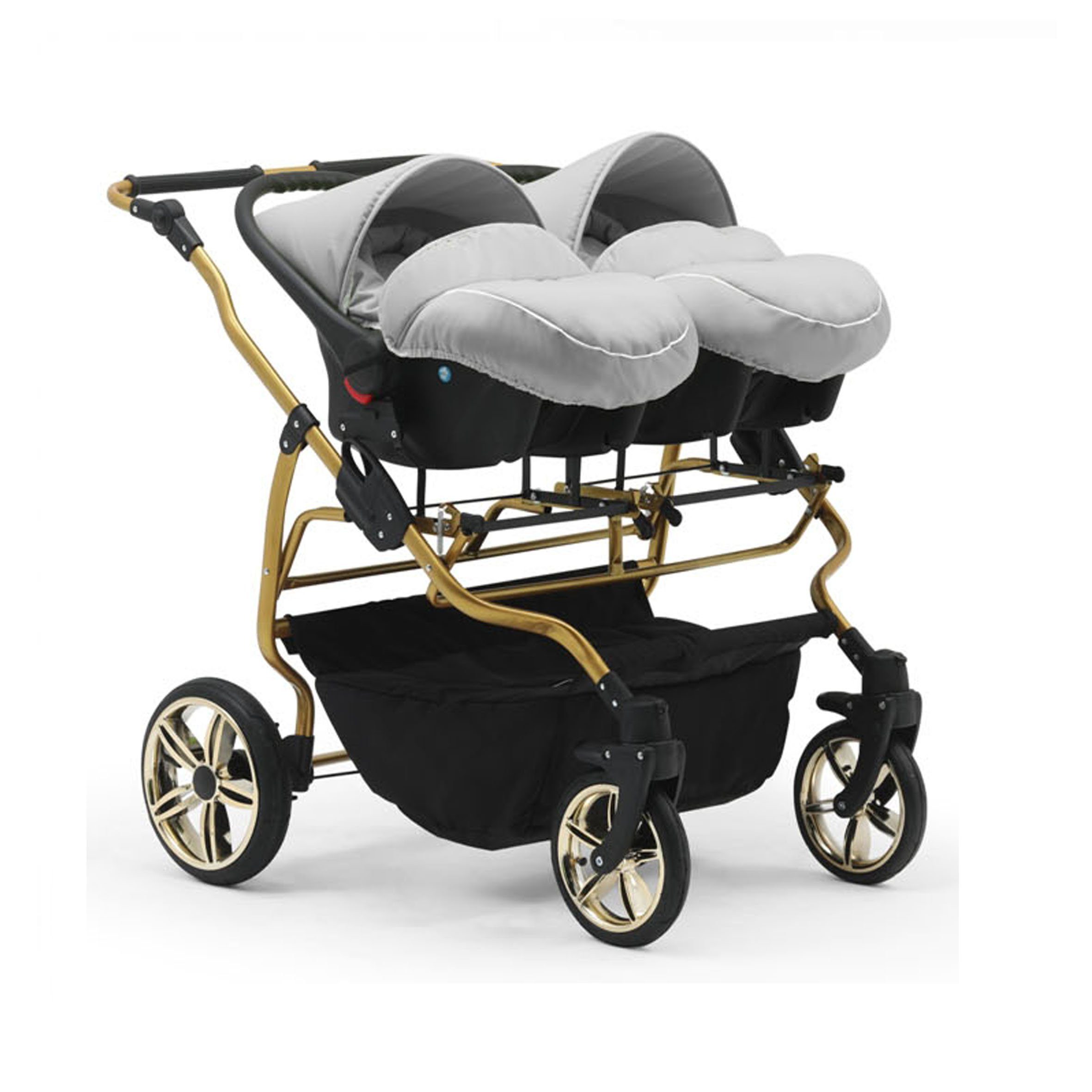 BabyMerc Zwillingswagen Duet Lux Gold 5 in 1 inkl. Sportsitze, Autositze und Isos in 20 Farben