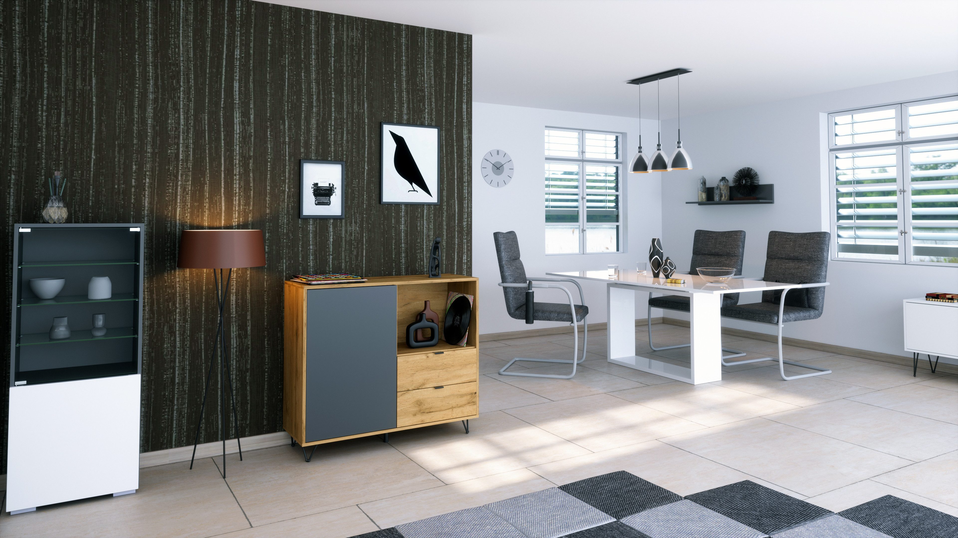 Vladon Kommode Marino (Kommode mit 1 Tür Anthrazit matt, 2 Schubladen Eiche Evoke, inkl. LED, Made in Germany), Korpus Eiche Evoke (103 x 90,5 x 37 cm)