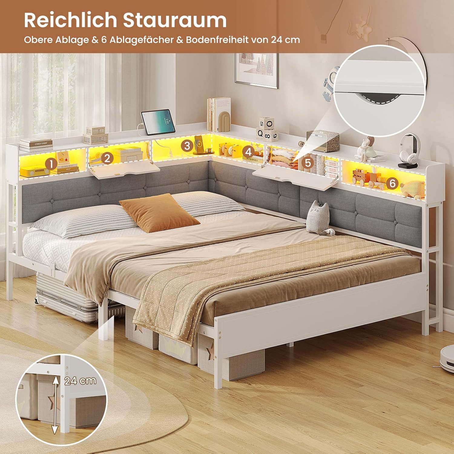 MSMASK Polsterbett Daybett Jugendbett mit LED-Beleuchtung und USB-Ladestation (Ohne Matratze), Bettgestell mit Lattenrost aus Metall,140x200 – Bild 5 von 5