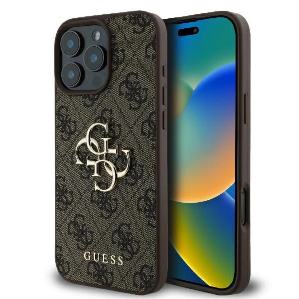 Handyhülle iPhone 16 Pro Max Kunstleder braun Big Logo goldfarbig