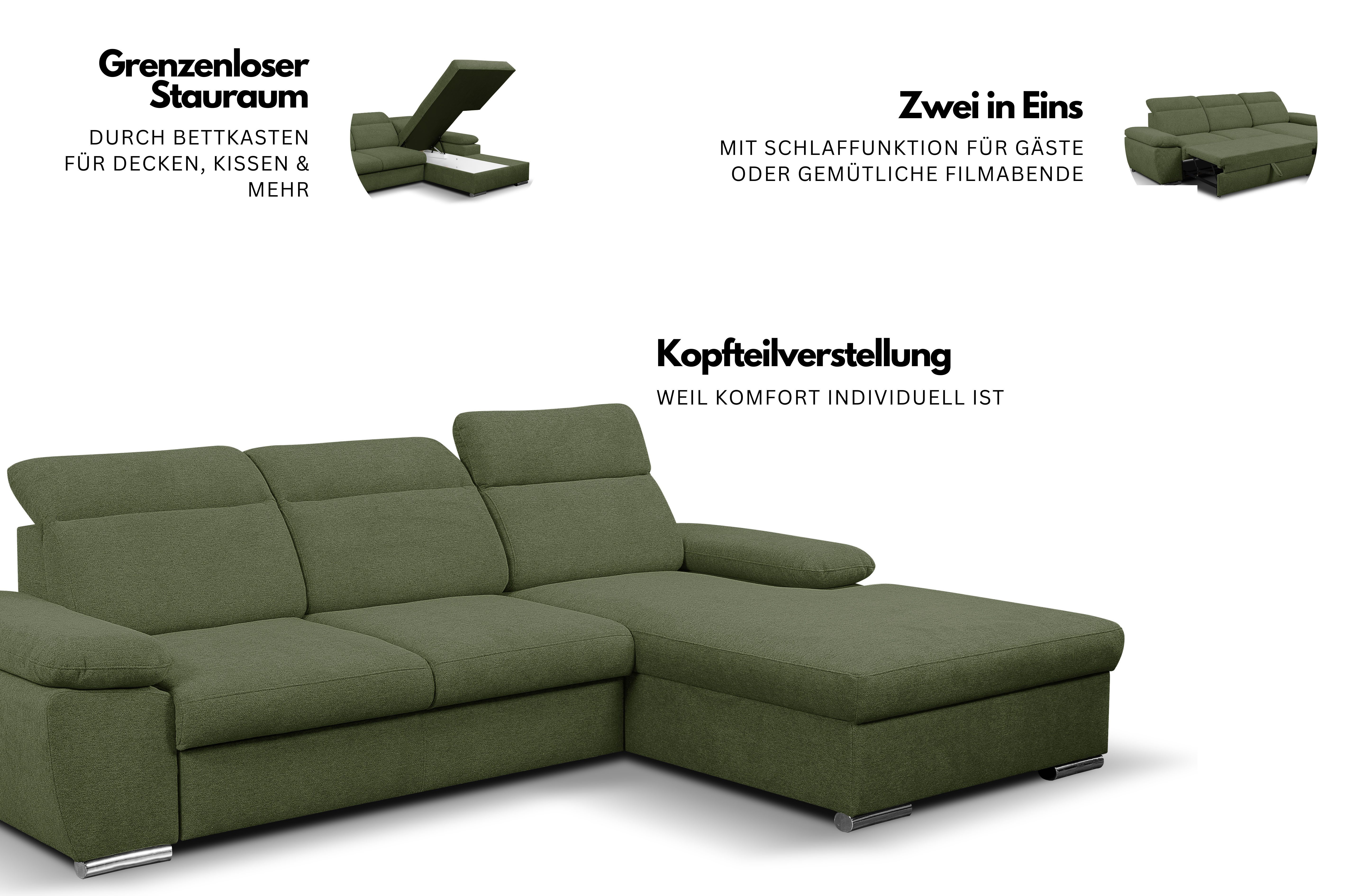 WERK2 Ecksofa Palma modernes Schlafsofa mit Bettkasten, L-Form, B/T 282/185 cm, Kopfteile verstellbar, komfortable Wellenunterfederung, L-Form