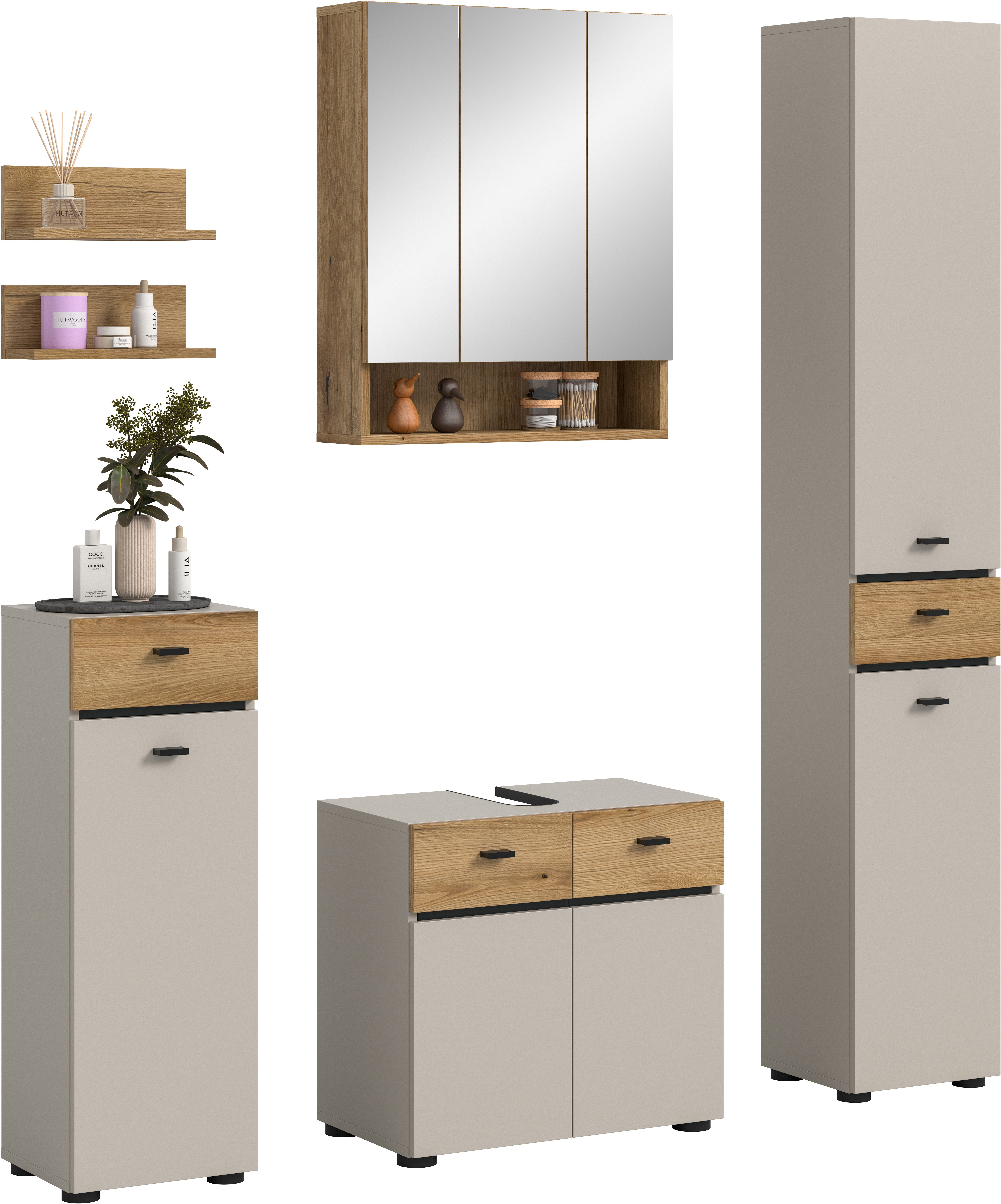 welltime Badmöbel-Set VANN, 6-teilige moderne Badkombination, individuell stellbar, (6-St., Midischrank, 2er Set Wandregal, WBU, Spiegelschrank, Hochschrank), Bad-Kombination, Bad-Möbel, Badezimmer, Kombination, Kombi, Bad-Set