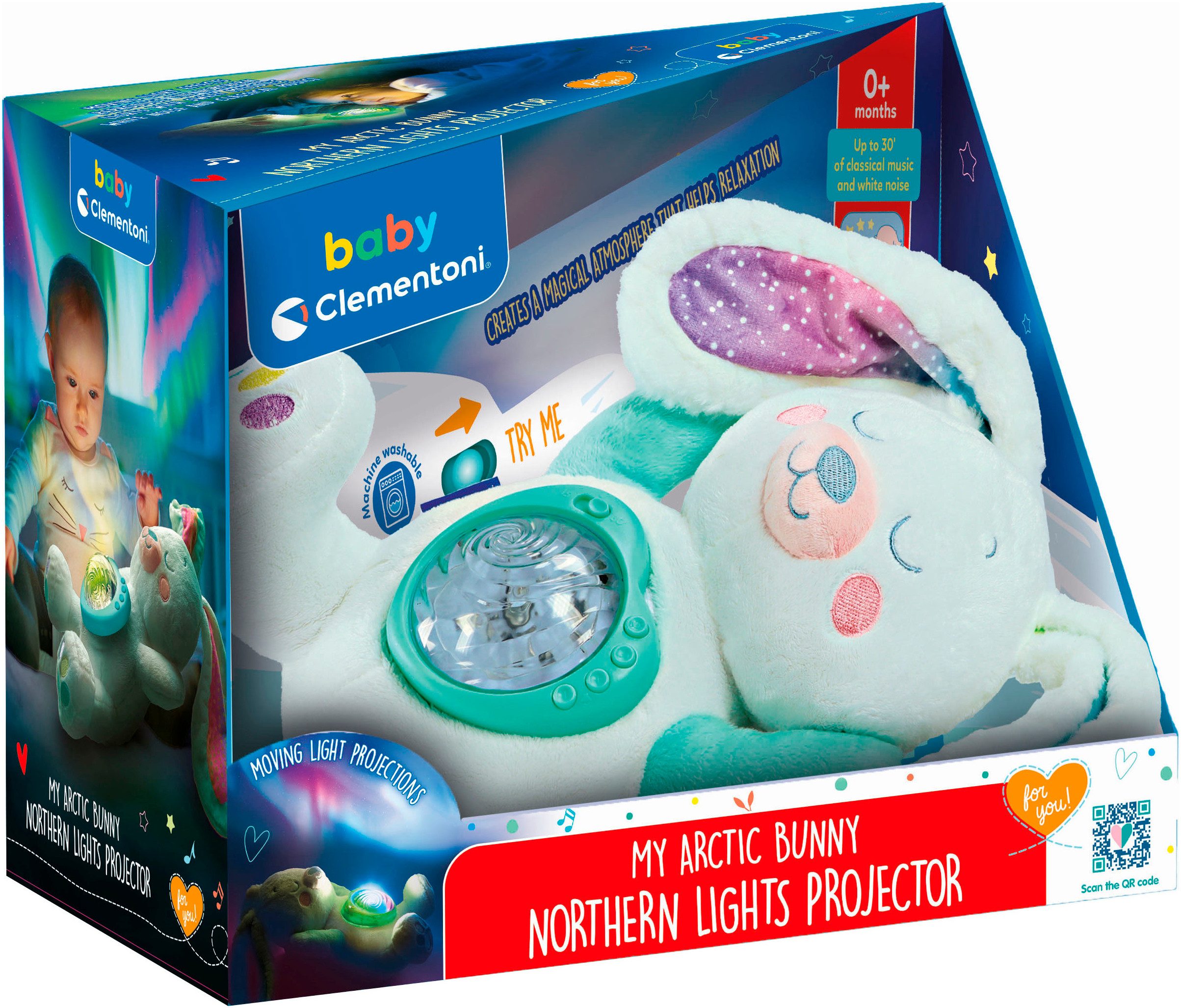 Clementoni® Plüschfigur Baby Clementoni, Schneehase mit Nordlicht-Projektion, mit Licht und Sound; Made in Europe