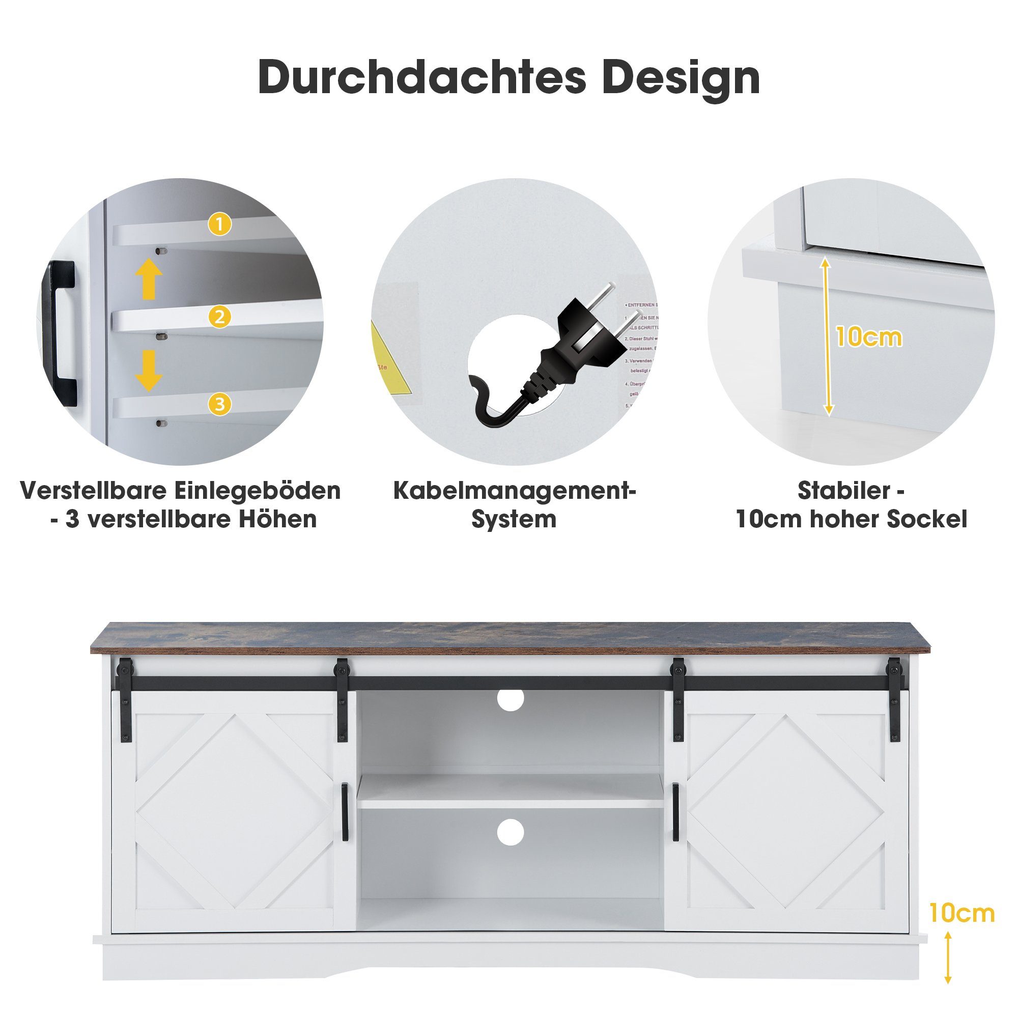 2 Fernsehschrank Einstellbare klassischen Regale mit weiß) Beistellschrank TV-Schrank WISHDOR (150*40*60cm Anrichte Schiebetüren,