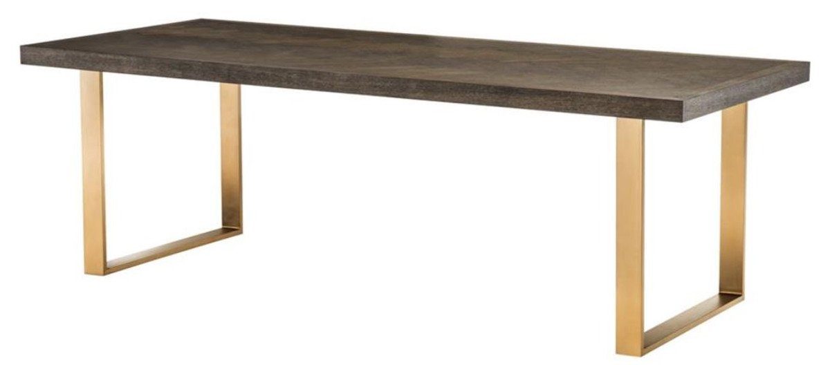 Casa Padrino Esstisch Luxus Edelstahl Esstisch mit Eichenfurnier Tischplatte Dunkelbraun / Messing 230 x 100 x H. 75,5 cm - Luxus Qualität