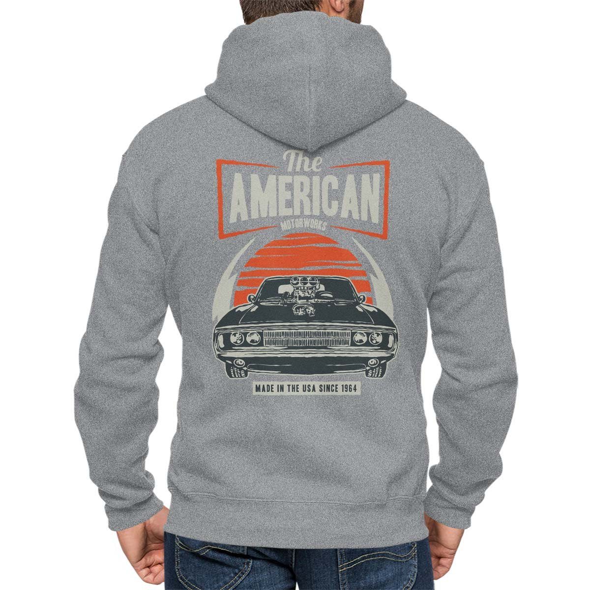 Kapuzenjacke The Melange US-Car On American Zip mit / Wheels Hoodie Kapuzensweatjacke Grau Rebel Auto Motiv
