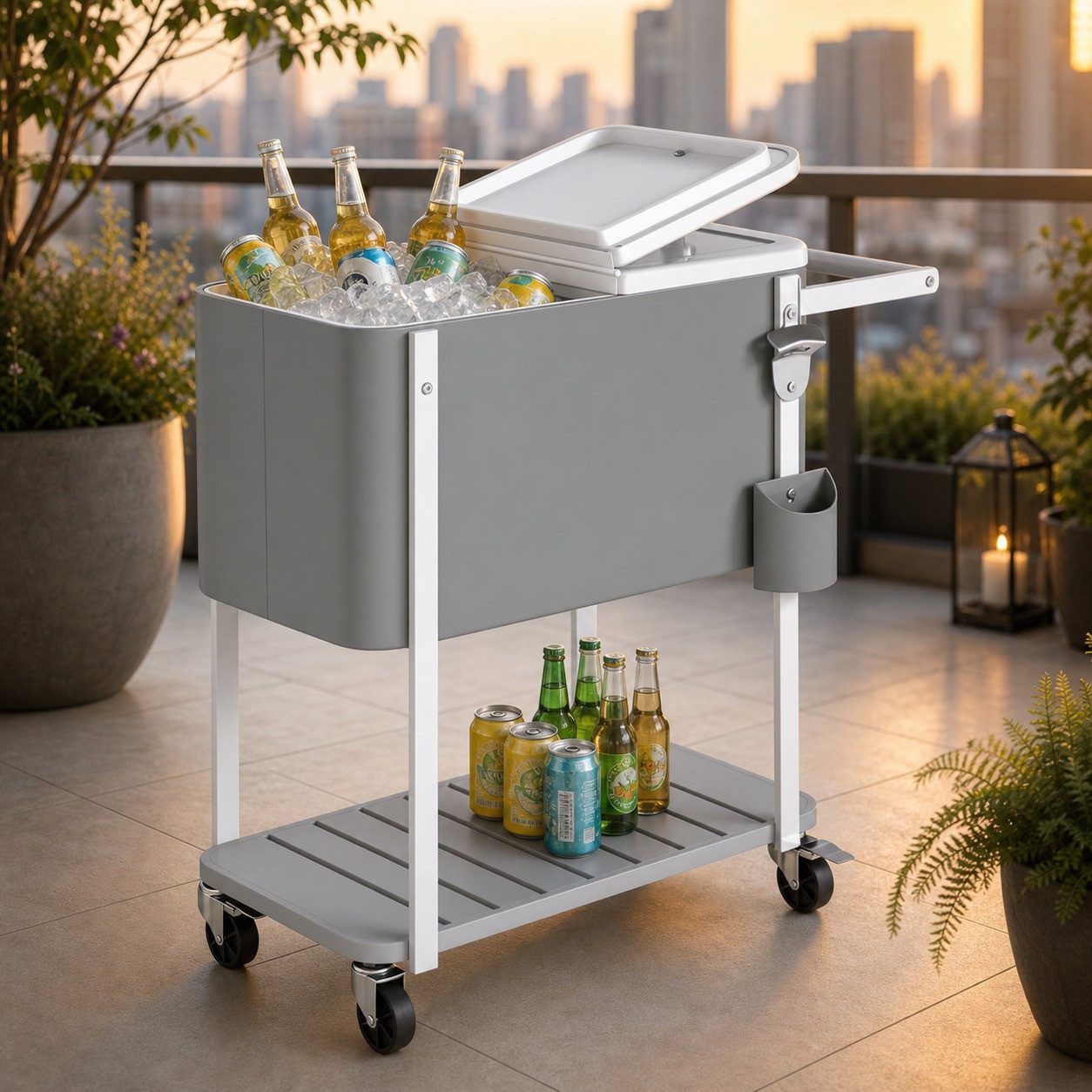 OKWISH Kühlbox 84 x 38 x 83 cm 56L, Servierwagen mit Rollen, Getränkewagen mobil, 56 l, mit Flaschenöffner, untere Ablage, Griff für einfaches Schieben