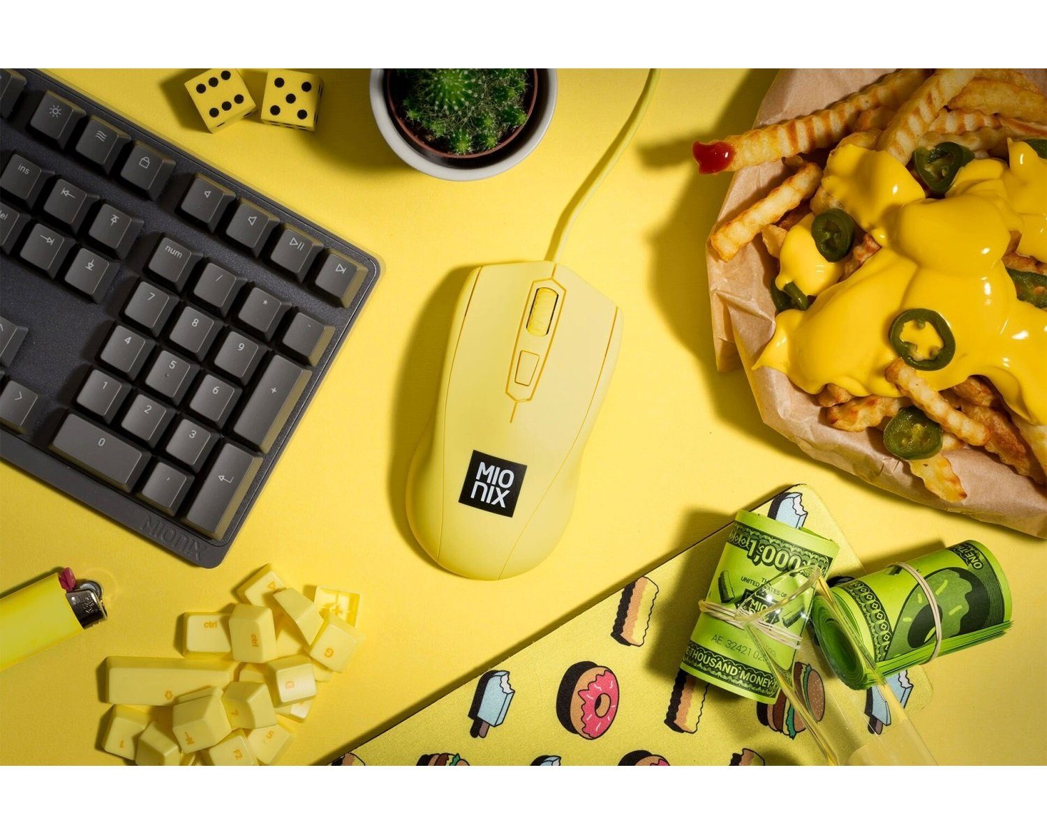 MIONIX Gaming + Artists Maus Avior French Fries Optisch Mäuse (für Rechts- und Linkshänder RGB LED-Mausrad 5000 DPI optischer Sensor)