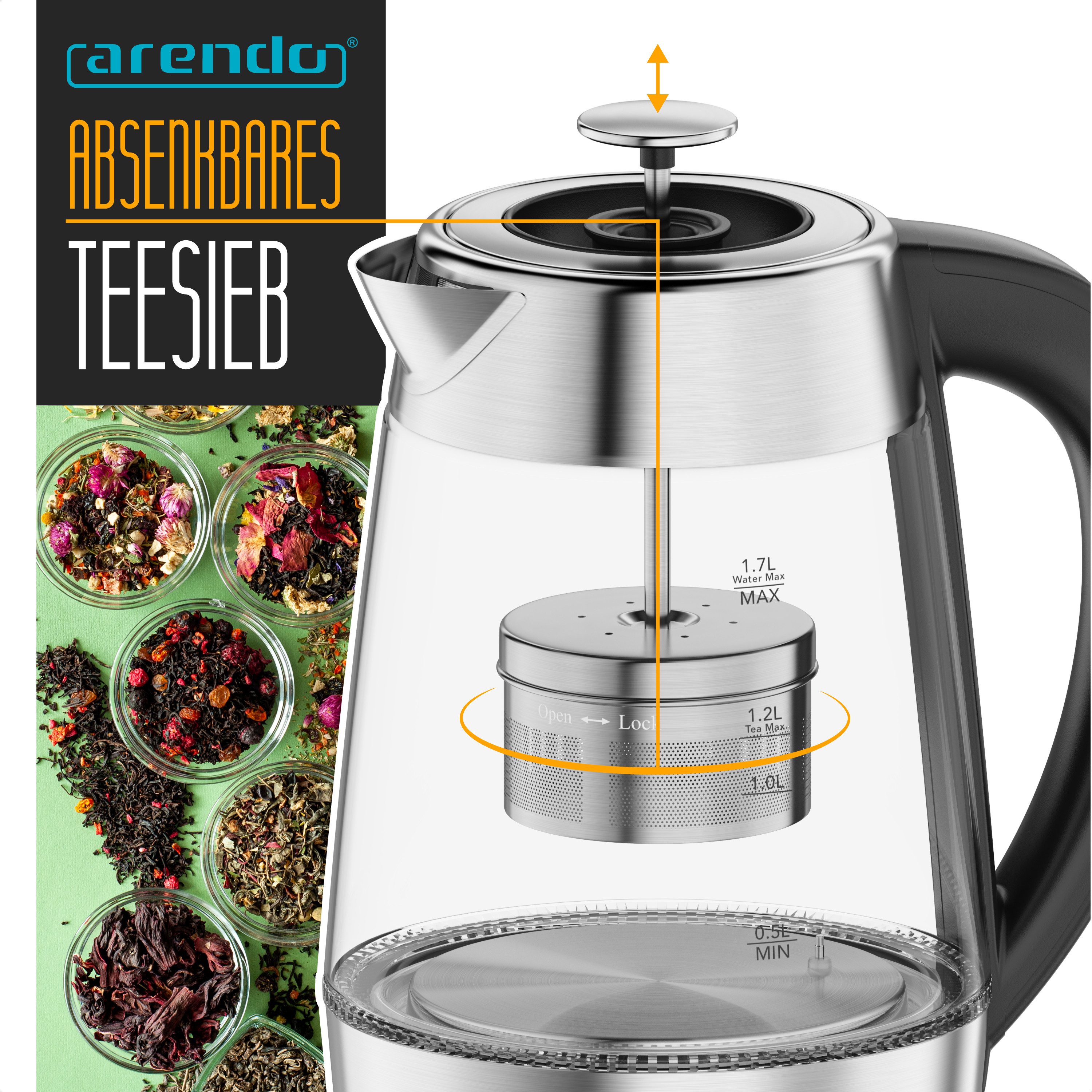Arendo Wasserkocher Glas & Edelstahl 2in1 Teebereiter mit Teesieb & 5 Temperaturen, Retro, 1.7 l, 2200 W, Teekocher für losen Tee, 5 Stufen 40-100°C, LED-Licht  – Bild 5 von 5