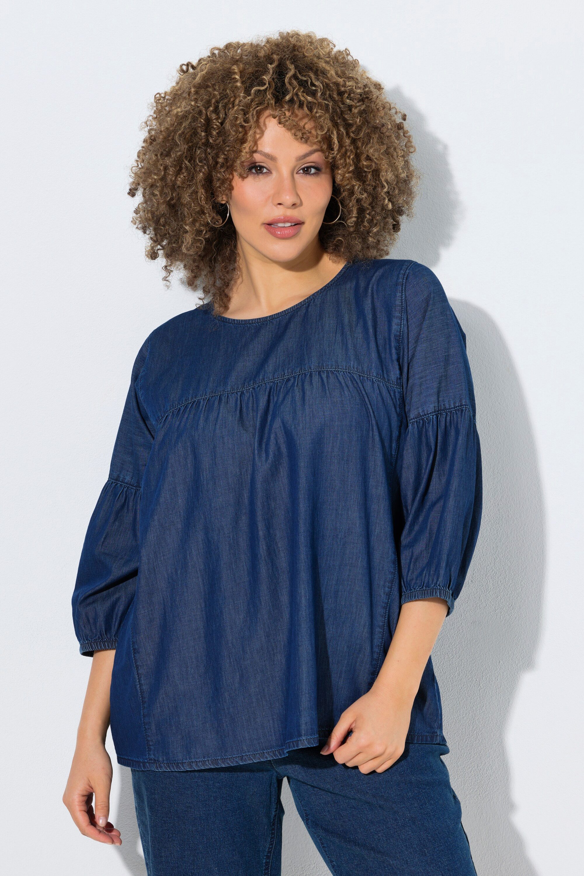 Ulla Popken Longbluse Jeansbluse Empire-Silhouette Rundhals