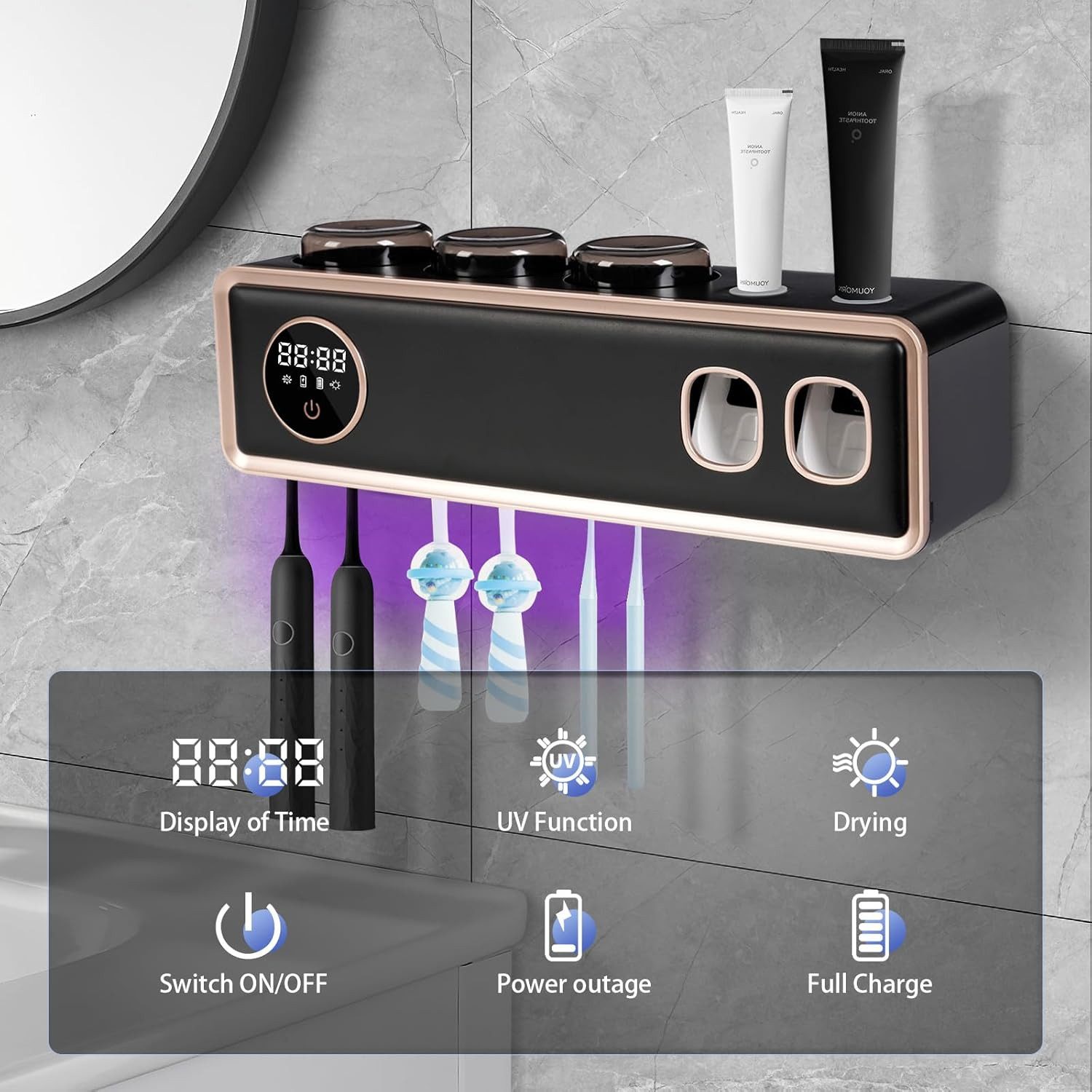 MOPUEA Zahnbürste Zahnbürsten Sterilisator Mit Becherhalter Und LED Touch, UV Sterilisation Heißlufttrocknung LED Touch Automatisch