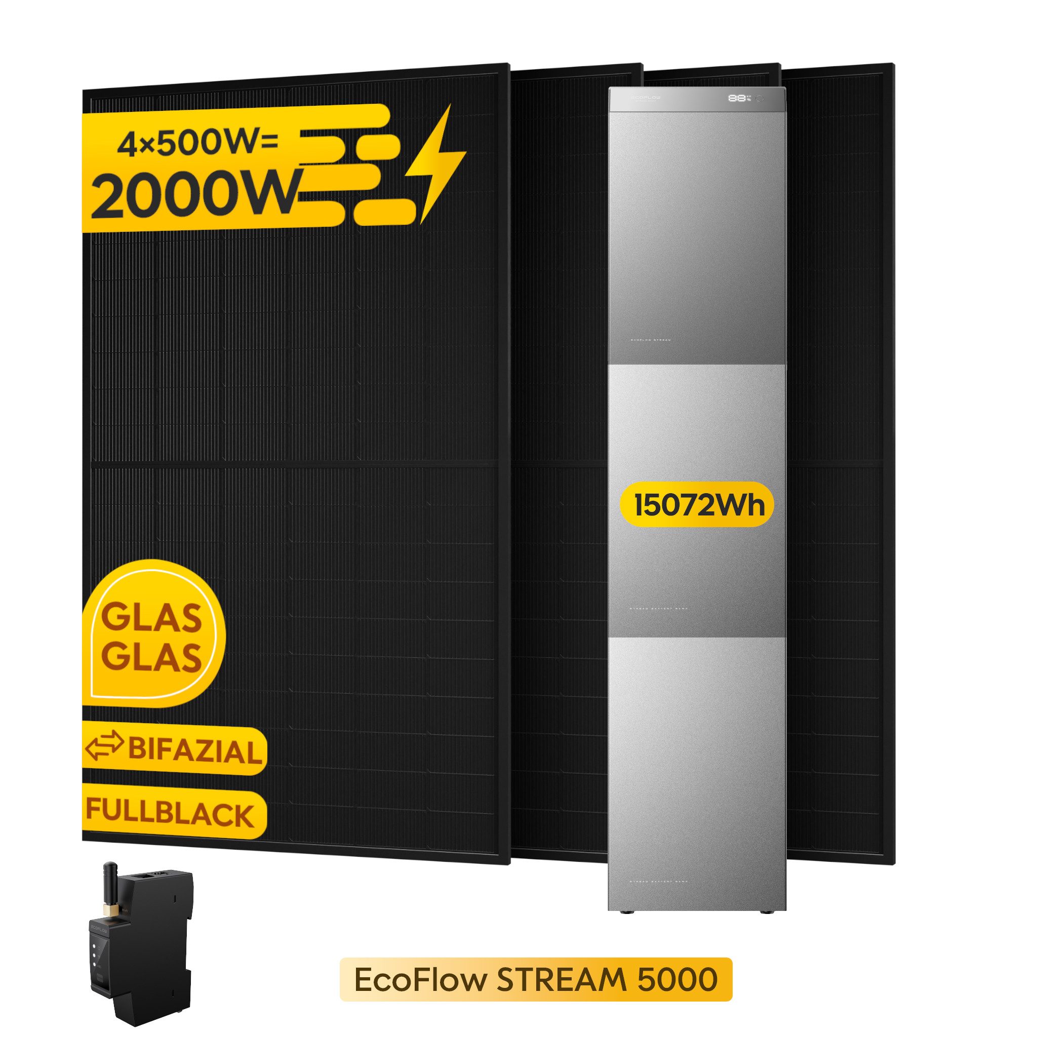 Ecoflow Balkonkraftwerk EcoFlow STREAM 5000 Speicher 5024Wh & 2 x EB 5000 Zusatzbatterie, (15.072 Wh, mit 4*500Wp solarmodule und Smart Meter), inkl. Halterung (Optional)