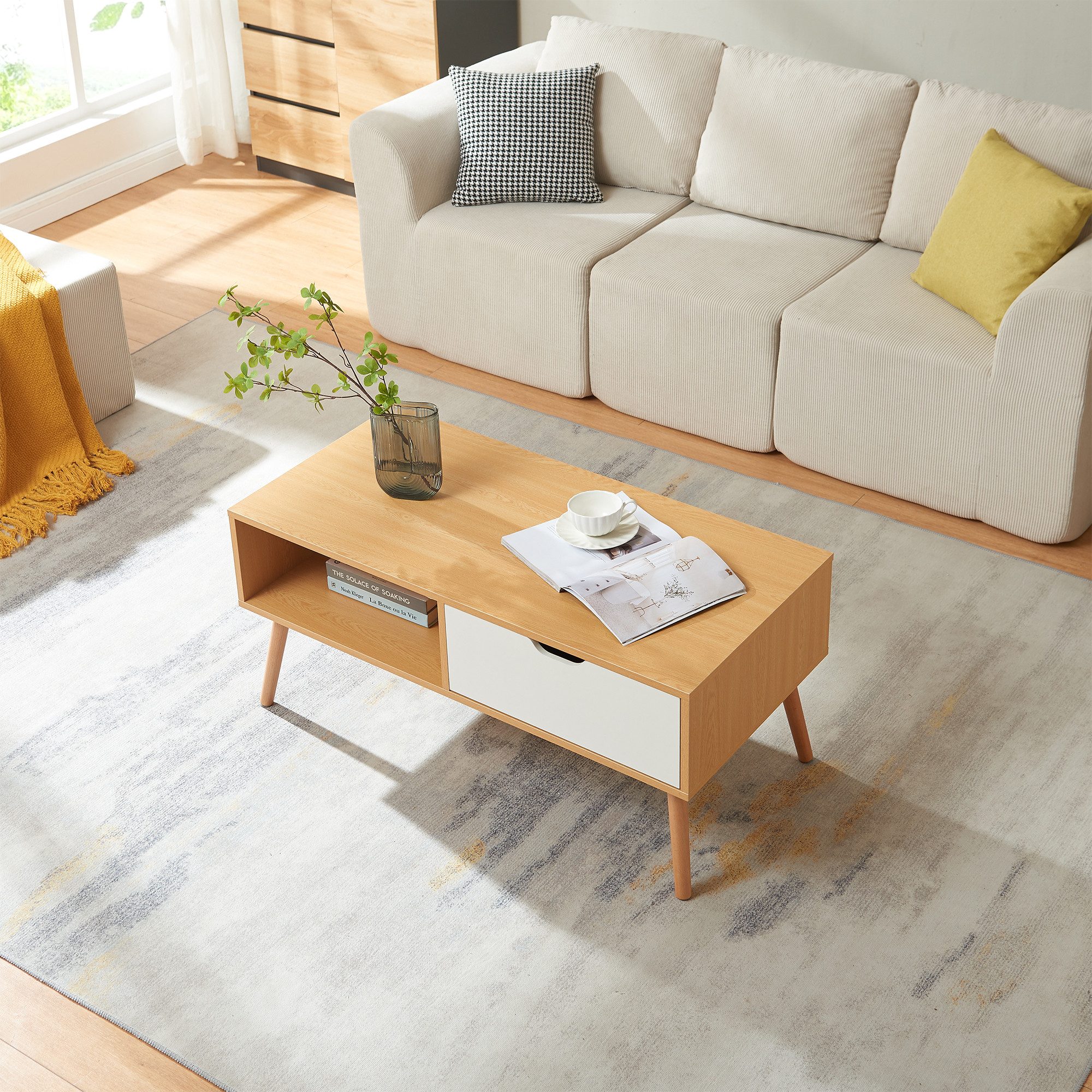 en.casa Couchtisch, »Bordkak« mit Schublade 100 x 48 x 45 cm Eicheoptik / Weiß