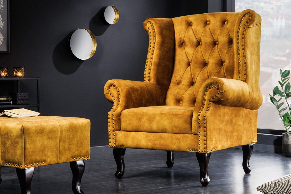riess-ambiente Ohrensessel CHESTERFIELD 105cm senfgelb / dunkelbraun (Einzelartikel, 1-St), Wohnzimmer · Samt · Holz · Relax · Schlafzimmer